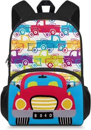 Custom Name Color Car Print Cute Backpack for Toddler & Child Ages 4-6, 15.7x11x6.3 In Preschool Bag with Internal Pocket, Side Mesh Pockets, Bookbag for Learn Supplies & Birthday Gifts