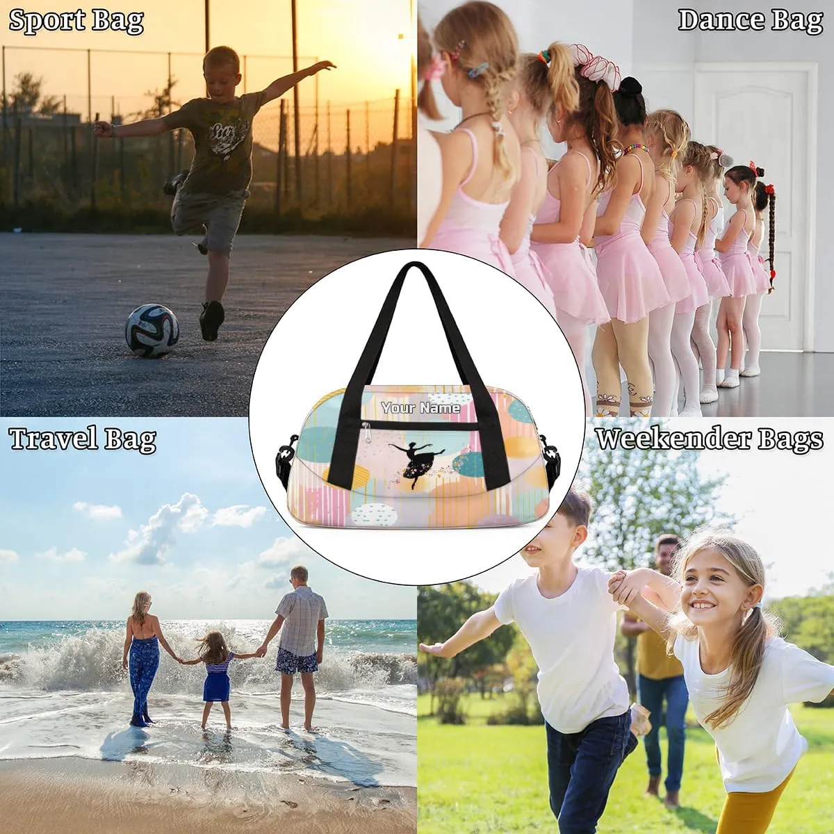 Custom Name Kids Duffle Bag Personalized Text Ballet Dance Sports Bag Waterproof Overnight Weekender Travel Workout Duffel Bag Gymnastics Carry On Bag for Boys Girls Teen Gifts, Colorful Dot