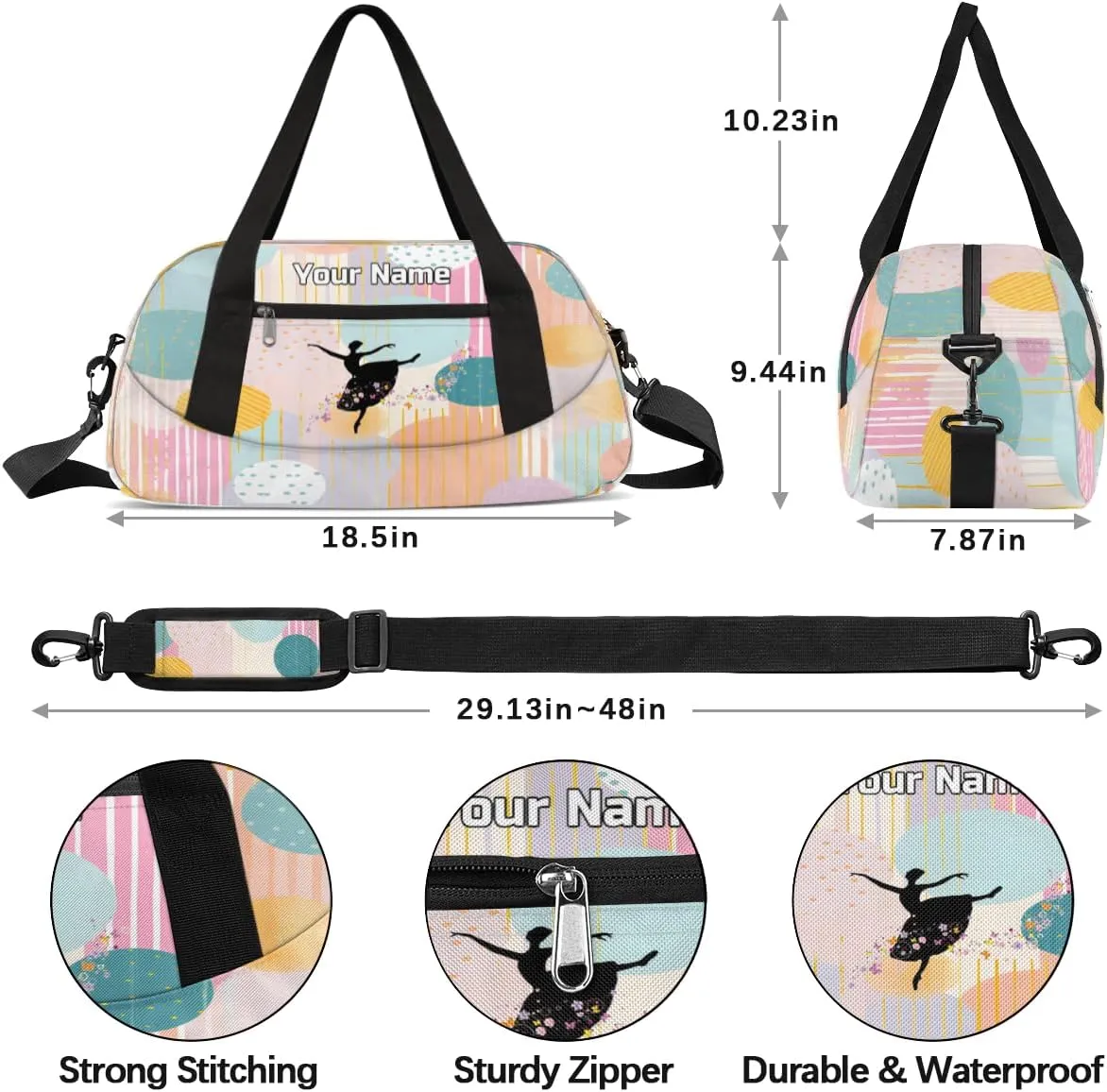 Custom Name Kids Duffle Bag Personalized Text Ballet Dance Sports Bag Waterproof Overnight Weekender Travel Workout Duffel Bag Gymnastics Carry On Bag for Boys Girls Teen Gifts, Colorful Dot