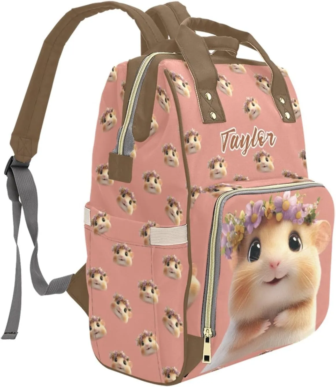 Custom Name Mommy Diaper Bag, Personalized Waterproof Backpack, Large Capacity, Multifunctional, Hamster and Guinea Pig Design, Functional and Fashionable Mommy Bag for Moms
