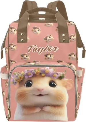 Custom Name Mommy Diaper Bag, Personalized Waterproof Backpack, Large Capacity, Multifunctional, Hamster and Guinea Pig Design, Functional and Fashionable Mommy Bag for Moms