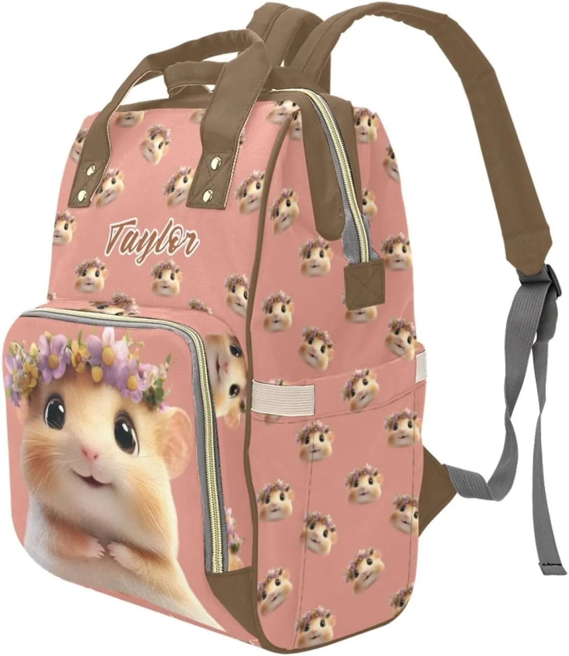 Custom Name Mommy Diaper Bag, Personalized Waterproof Backpack, Large Capacity, Multifunctional, Hamster and Guinea Pig Design, Functional and Fashionable Mommy Bag for Moms