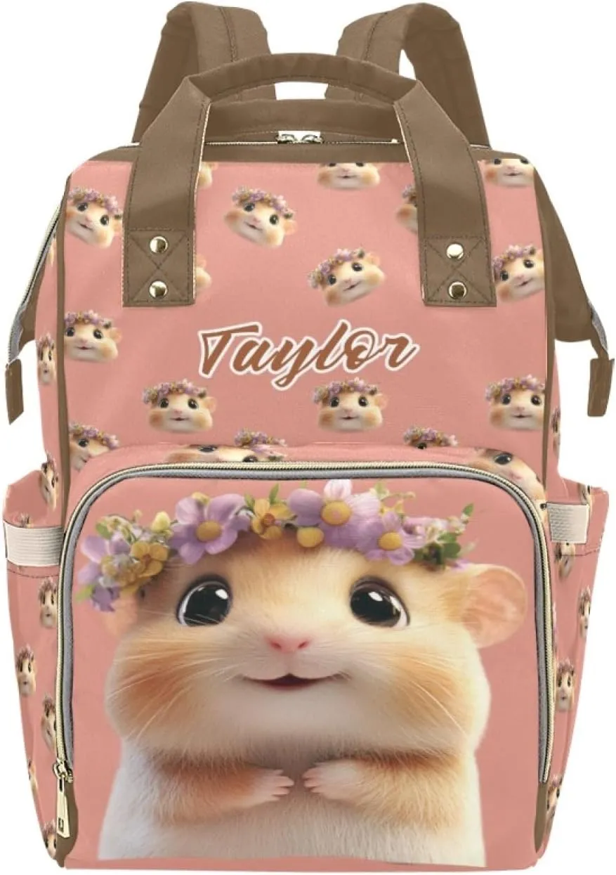 Custom Name Mommy Diaper Bag, Personalized Waterproof Backpack, Large Capacity, Multifunctional, Hamster and Guinea Pig Design, Functional and Fashionable Mommy Bag for Moms