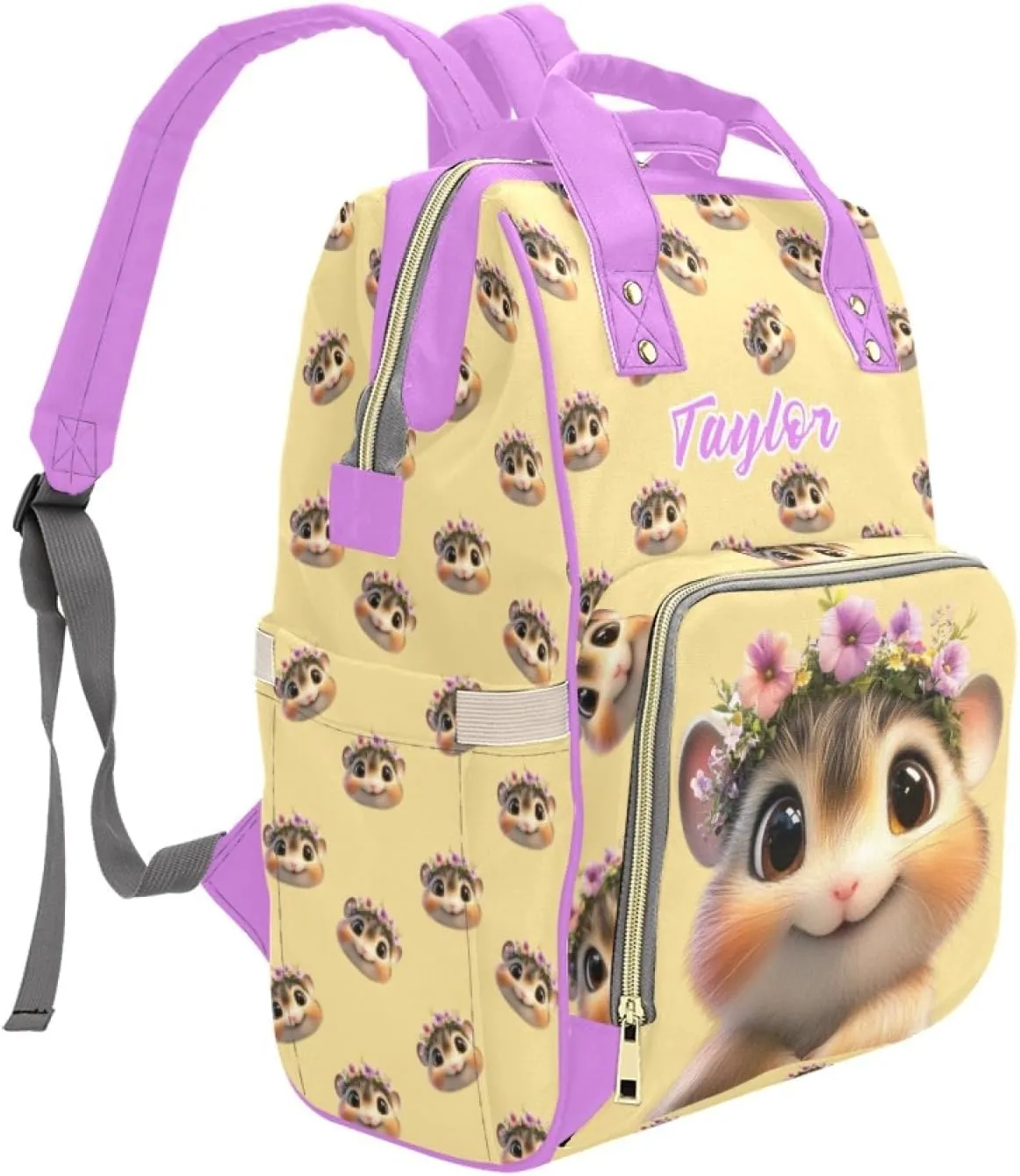 Custom Name Mommy Diaper Bag, Personalized Waterproof Backpack, Large Capacity, Multifunctional, Hamster and Guinea Pig Design