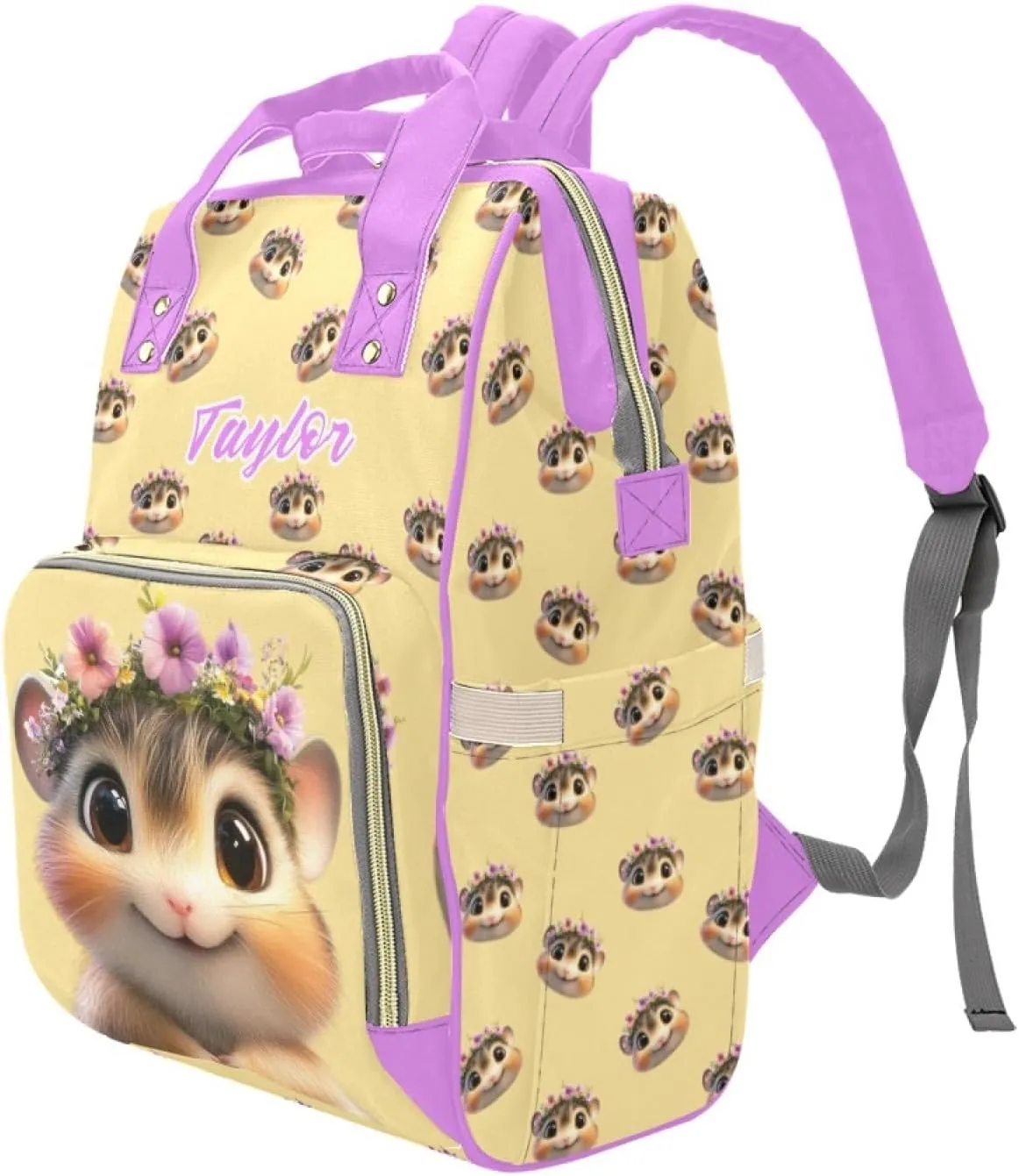 Custom Name Mommy Diaper Bag, Personalized Waterproof Backpack, Large Capacity, Multifunctional, Hamster and Guinea Pig Design