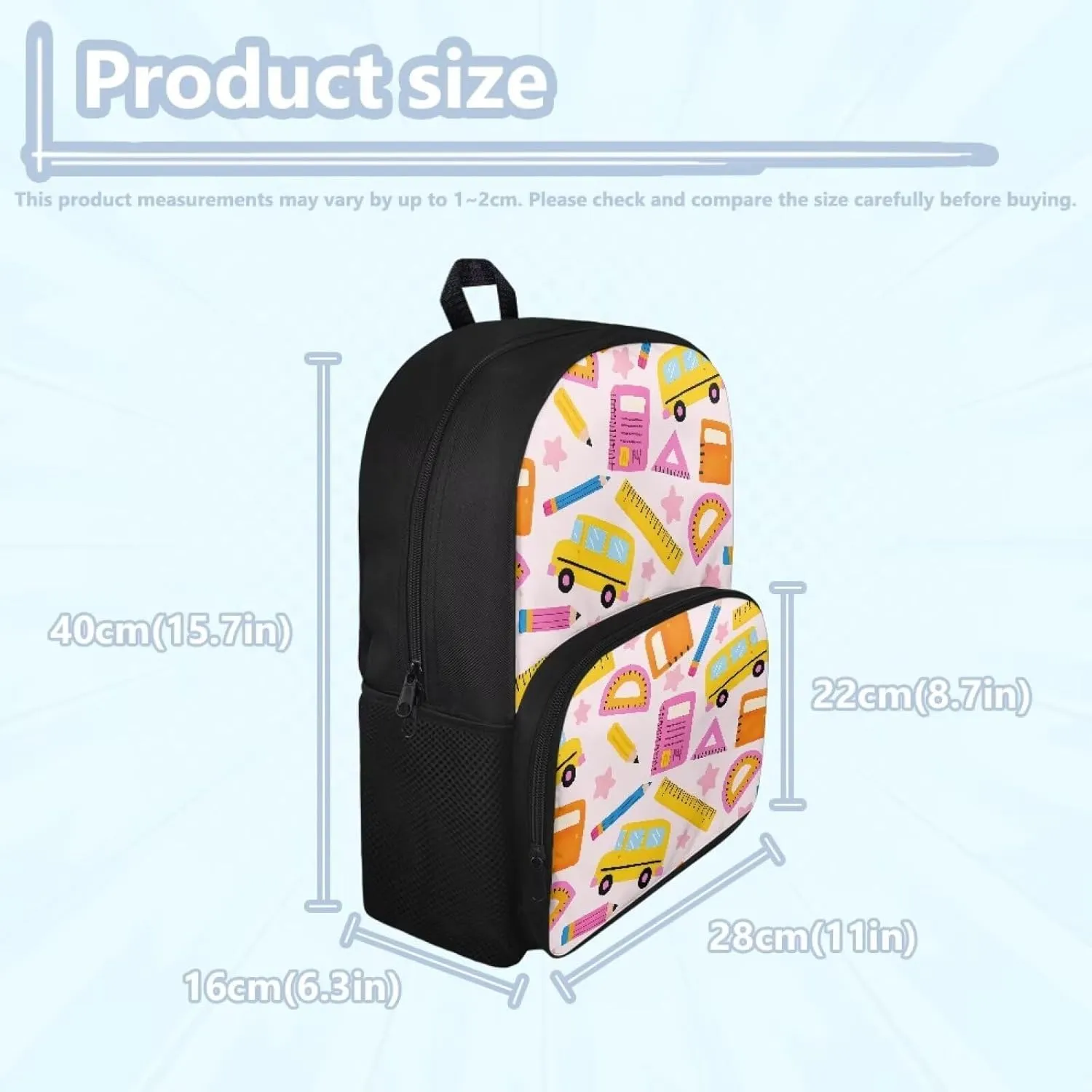 Custom Name Stationery Print Kids Backpack with Internal Pocket for Ages 10-12, 15.7x11x6.3 Inch School Bag, Adjustable Straps, Side Pockets, Bag for School Supplies & Idea Birthday Gifts