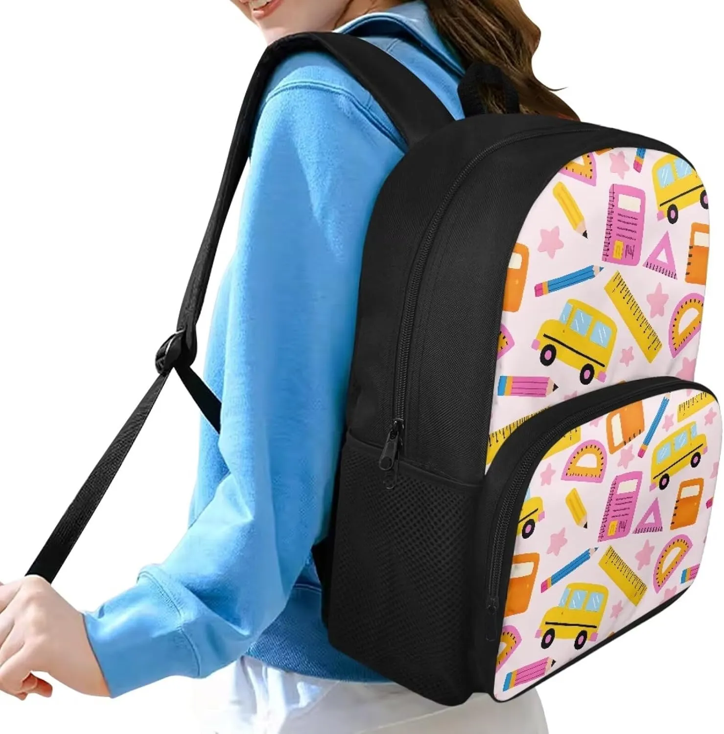 Custom Name Stationery Print Kids Backpack with Internal Pocket for Ages 10-12, 15.7x11x6.3 Inch School Bag, Adjustable Straps, Side Pockets, Bag for School Supplies & Idea Birthday Gifts