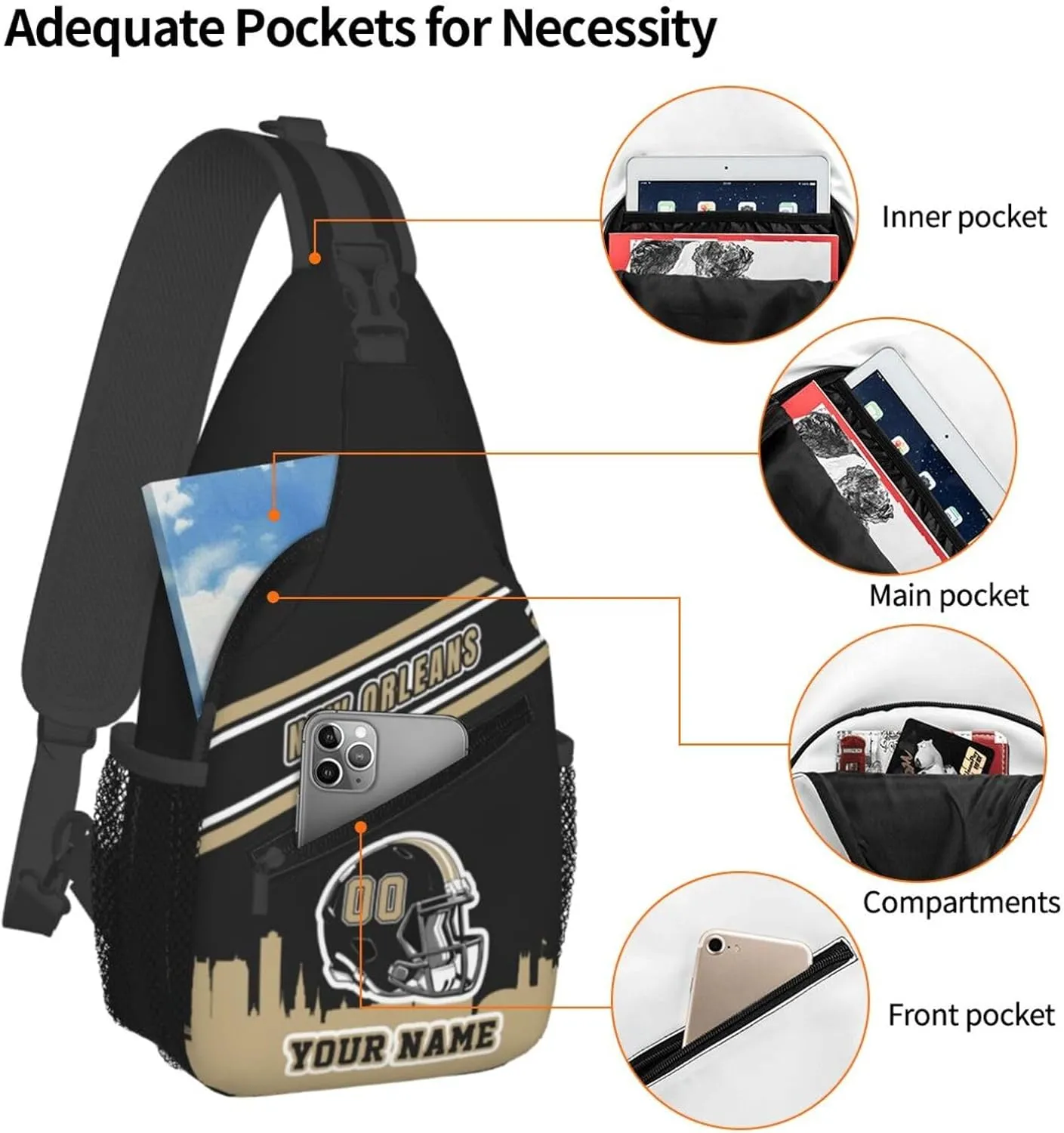 Custom New Orleans Sling Bag, Personalized Crossbody Bags For Men Women, Customize Name And Number Sling Shoulder Backpack For Travel Hiking Daypack Sports Outdoor