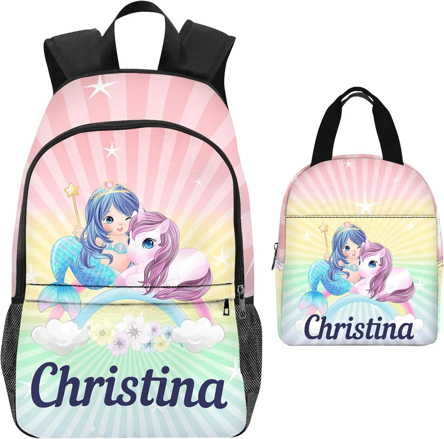Custom Personalized Mermaid Backpack for Girls - School Lunch Box Included, Perfect for Primary Students