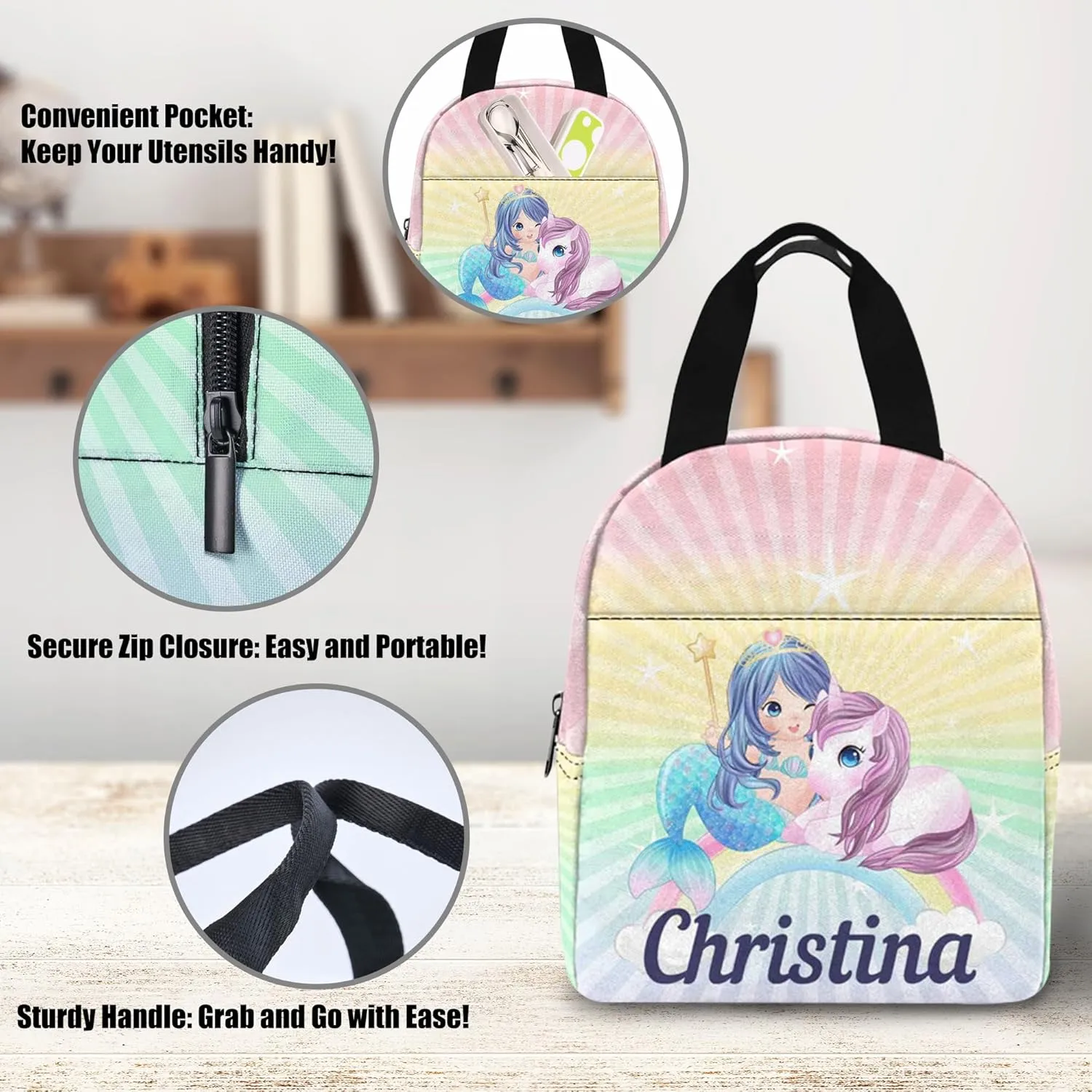 Custom Personalized Mermaid Backpack for Girls - School Lunch Box Included, Perfect for Primary Students