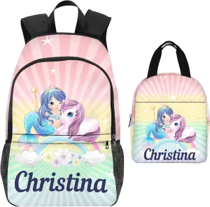 Custom Personalized Mermaid Backpack for Girls - School Lunch Box Included, Perfect for Primary Students