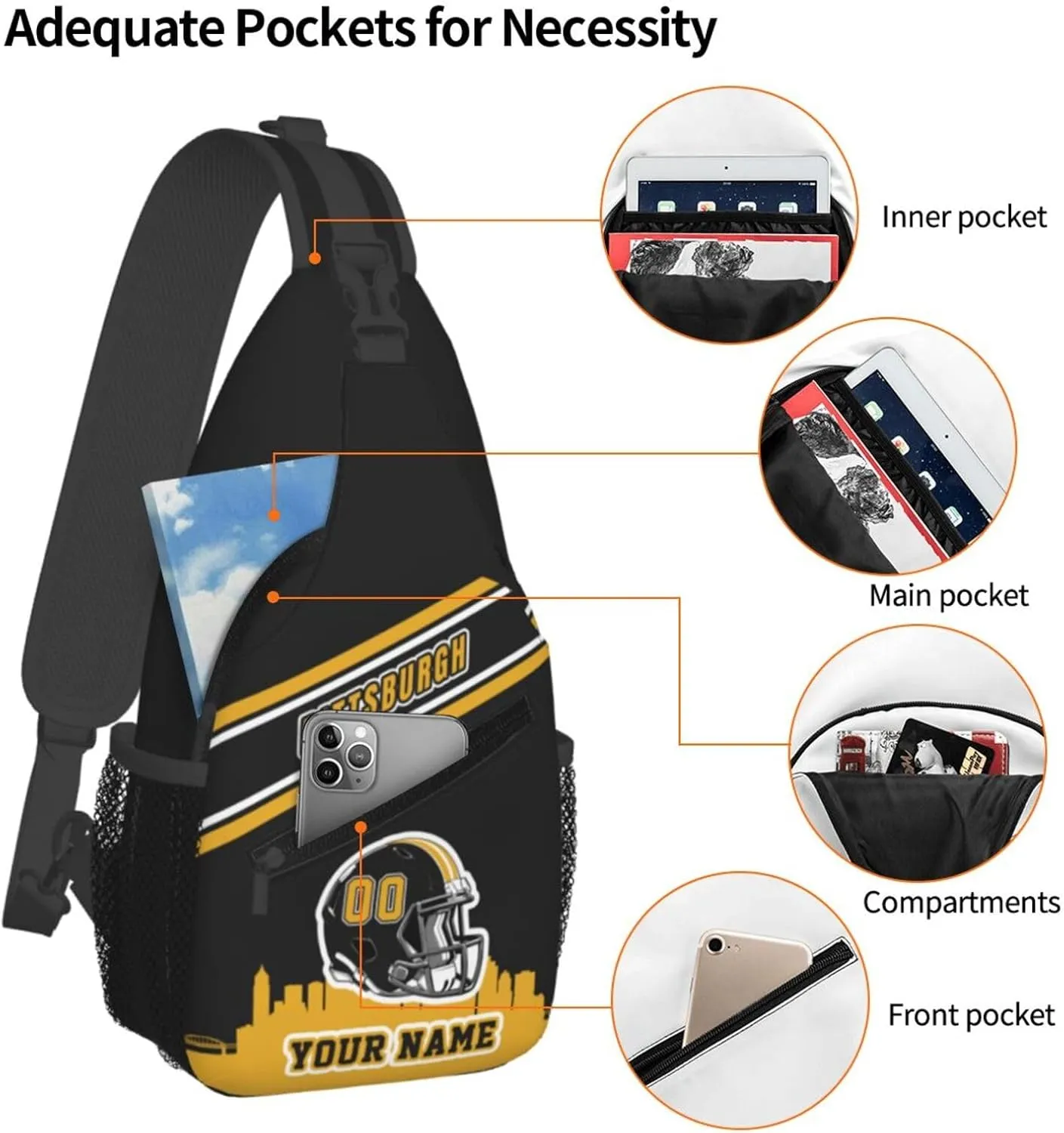 Custom Pittsburgh Sling Bag, Personalized Crossbody Bags For Men Women, Customize Name And Number Sling Shoulder Backpack For Travel Hiking Daypack Sports Outdoor