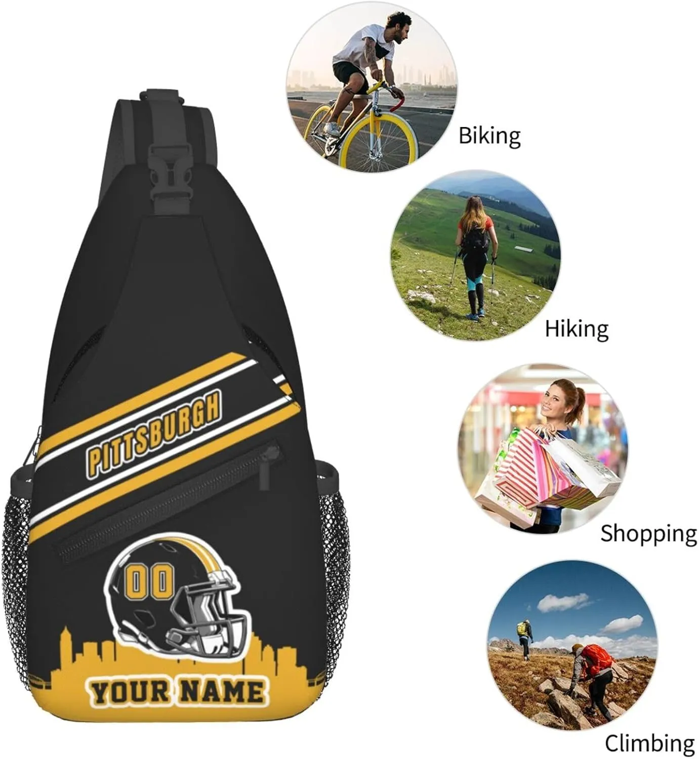 Custom Pittsburgh Sling Bag, Personalized Crossbody Bags For Men Women, Customize Name And Number Sling Shoulder Backpack For Travel Hiking Daypack Sports Outdoor
