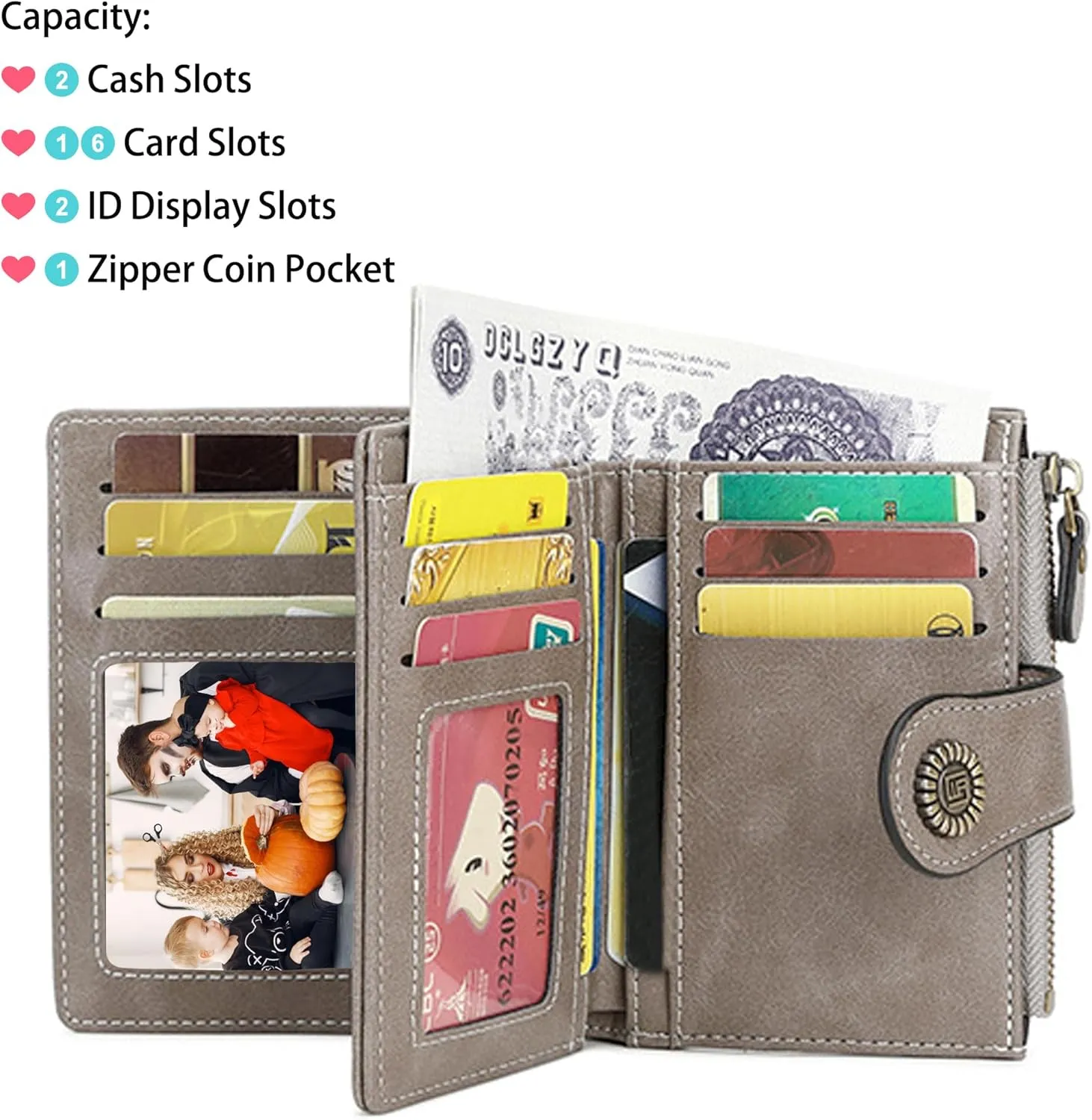 Custom Small Wallet,Engraved Name Vegan Leather Wallets with RFID Blocking Clutch Purse Bifold Credit Card Holder with Zipper Coin Pocket for Women (Vegan Leather, Gray)