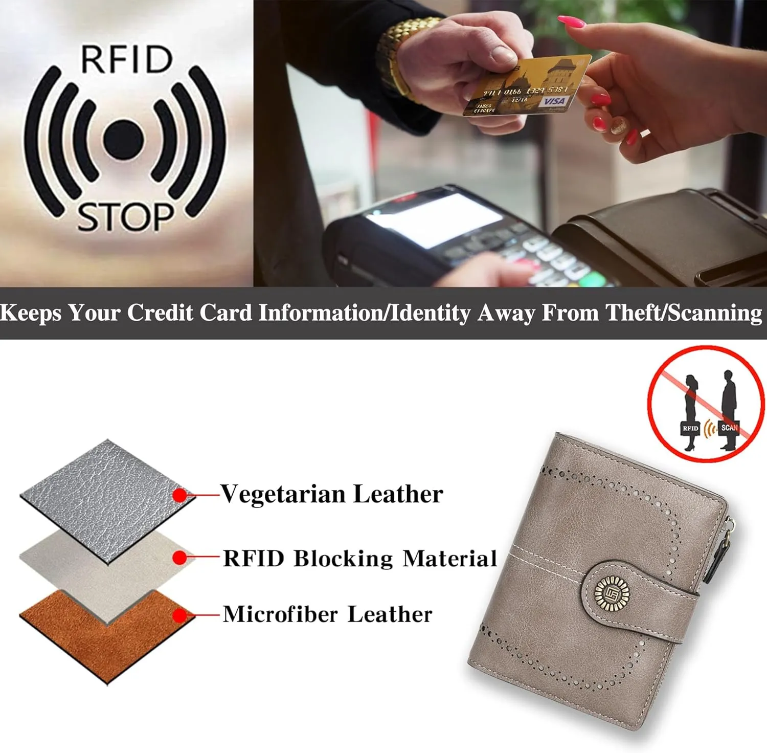 Custom Small Wallet,Engraved Name Vegan Leather Wallets with RFID Blocking Clutch Purse Bifold Credit Card Holder with Zipper Coin Pocket for Women (Vegan Leather, Gray)