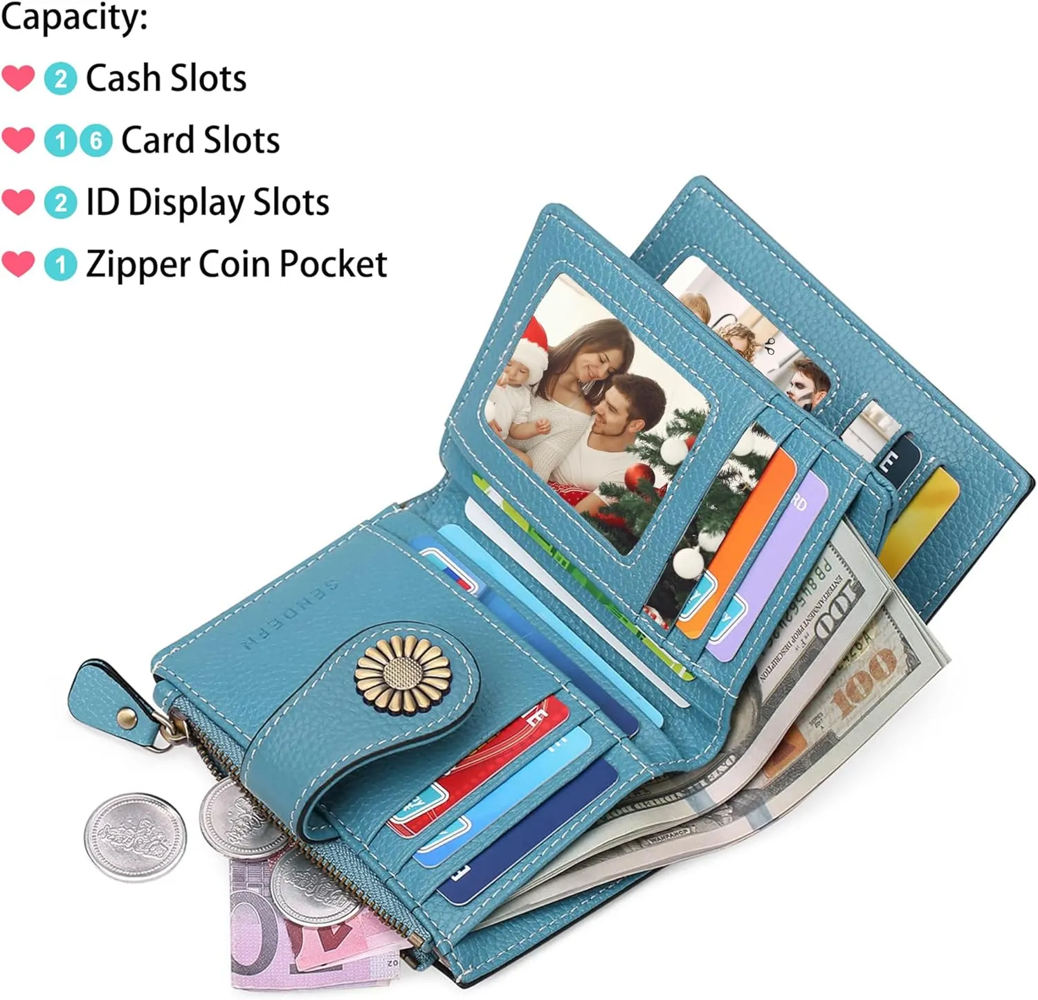 Custom Small Wallet,Engraved Name Wallets with RFID Blocking Clutch Purse Bifold Credit Card Holder with Zipper Coin Pocket for Women (Genuine Leather, Natural grain-Sky Blue)