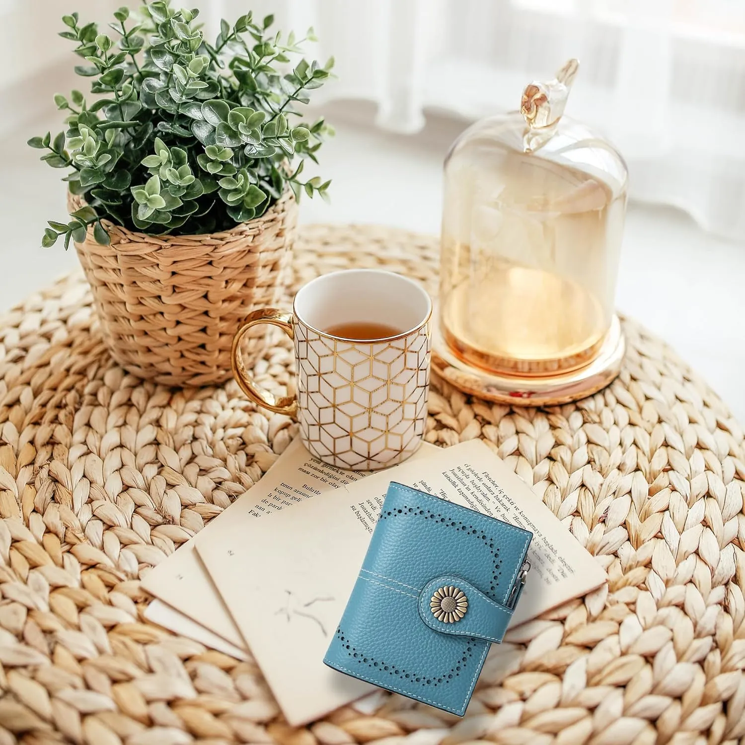 Custom Small Wallet,Engraved Name Wallets with RFID Blocking Clutch Purse Bifold Credit Card Holder with Zipper Coin Pocket for Women (Genuine Leather, Natural grain-Sky Blue)