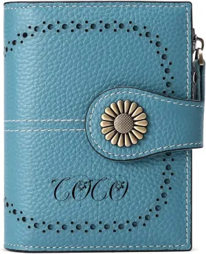 Custom Small Wallet,Engraved Name Wallets with RFID Blocking Clutch Purse Bifold Credit Card Holder with Zipper Coin Pocket for Women (Genuine Leather, Natural grain-Sky Blue)