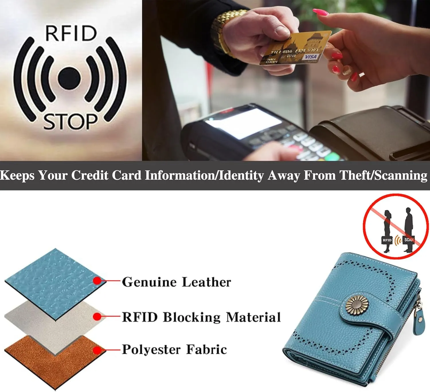 Custom Small Wallet,Engraved Name Wallets with RFID Blocking Clutch Purse Bifold Credit Card Holder with Zipper Coin Pocket for Women (Genuine Leather, Natural grain-Sky Blue)