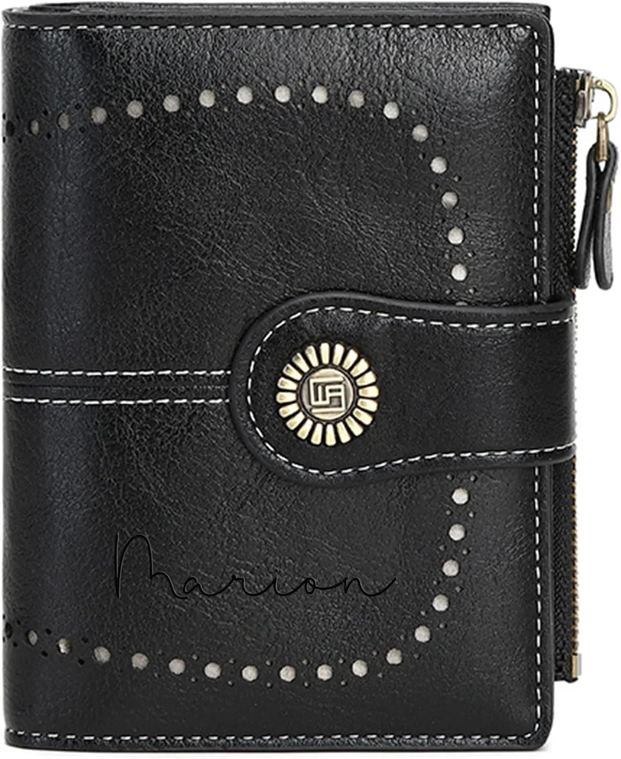 Custom Small Wallet,Engraved Name Wallets with RFID Blocking Clutch Purse Bifold Credit Card Holder with Zipper Coin Pocket for Women (Vegan Leather, Black)
