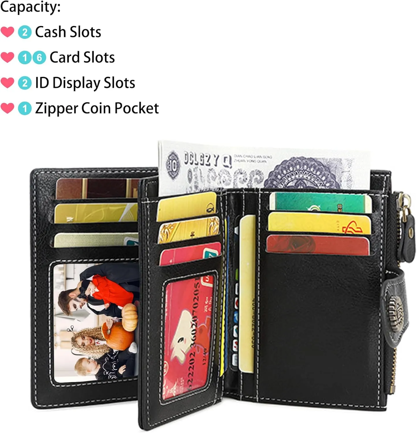 Custom Small Wallet,Engraved Name Wallets with RFID Blocking Clutch Purse Bifold Credit Card Holder with Zipper Coin Pocket for Women (Vegan Leather, Black)