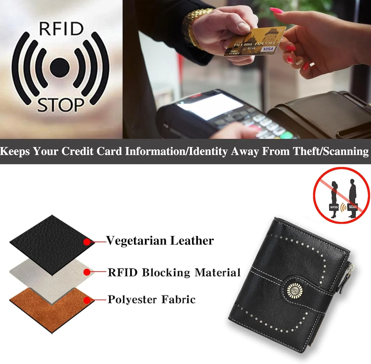 Custom Small Wallet,Engraved Name Wallets with RFID Blocking Clutch Purse Bifold Credit Card Holder with Zipper Coin Pocket for Women (Vegan Leather, Black)