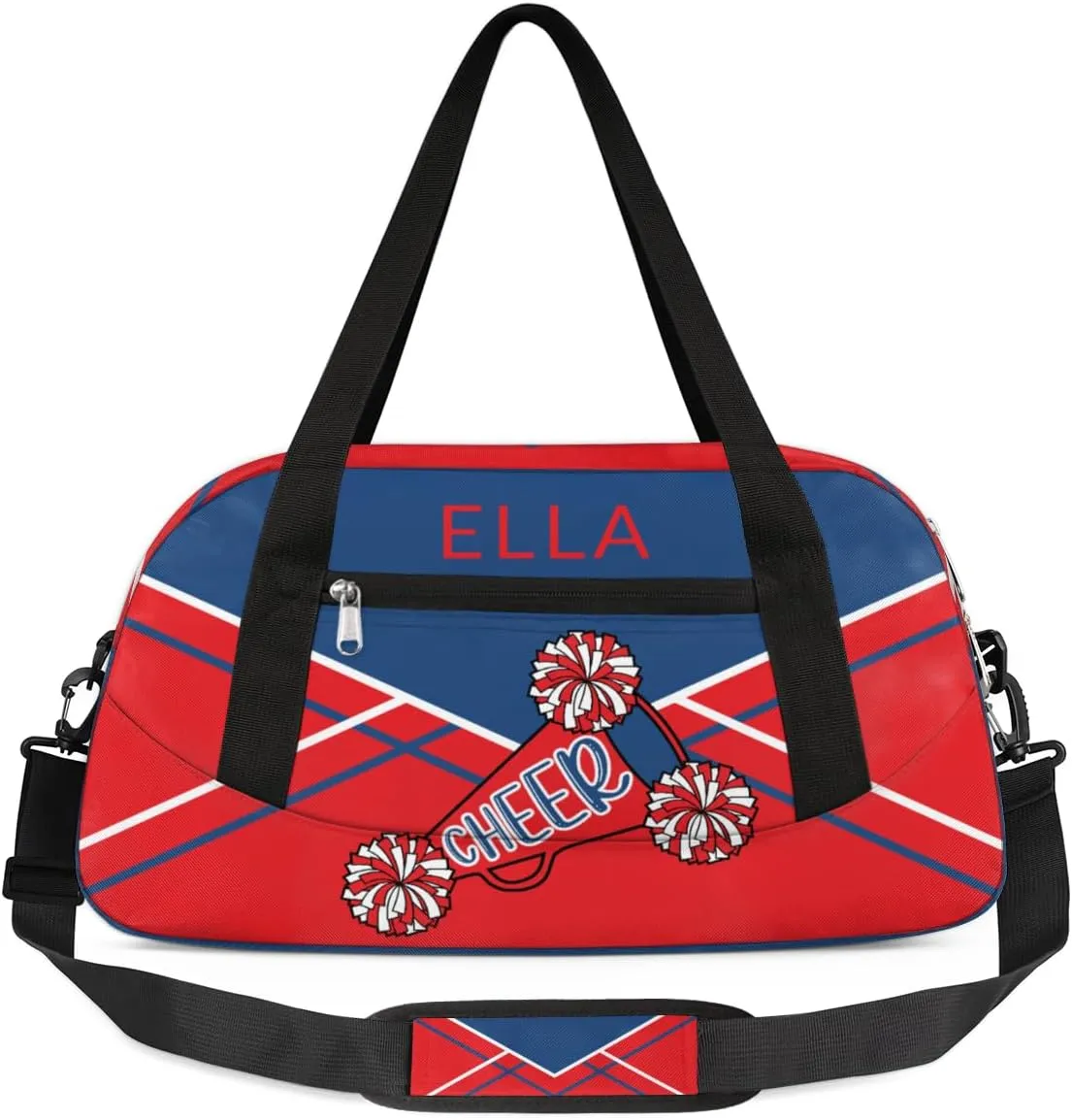 Custom Your Name Blue Red Cheer Horn Personalized Text Gym Duffle Bag for Kids,Sports Bag for Teens Boys & Girls Small Waterproof Overnight Weekender Carry Practice Travel Bag