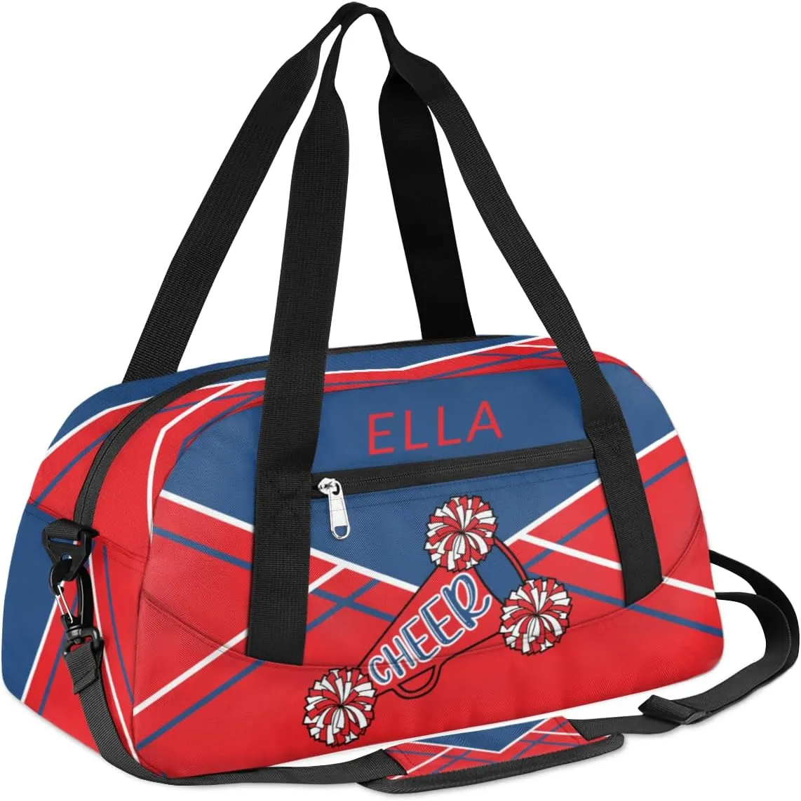 Custom Your Name Blue Red Cheer Horn Personalized Text Gym Duffle Bag for Kids,Sports Bag for Teens Boys & Girls Small Waterproof Overnight Weekender Carry Practice Travel Bag