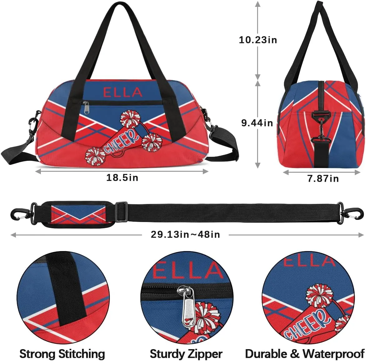 Custom Your Name Blue Red Cheer Horn Personalized Text Gym Duffle Bag for Kids,Sports Bag for Teens Boys & Girls Small Waterproof Overnight Weekender Carry Practice Travel Bag