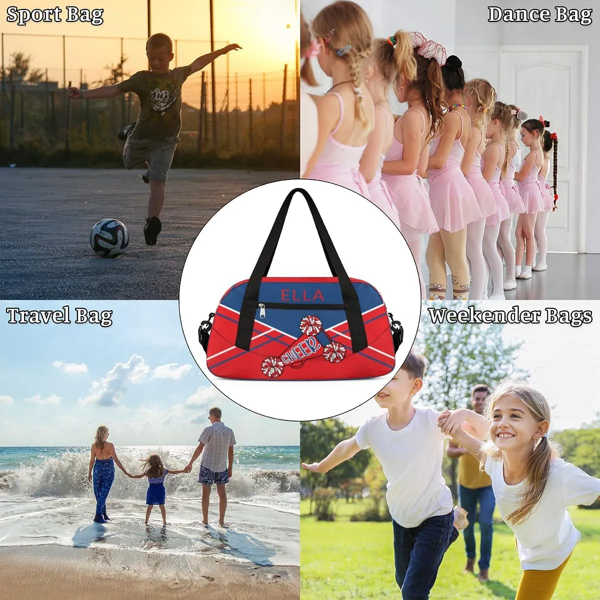 Custom Your Name Blue Red Cheer Horn Personalized Text Gym Duffle Bag for Kids,Sports Bag for Teens Boys & Girls Small Waterproof Overnight Weekender Carry Practice Travel Bag