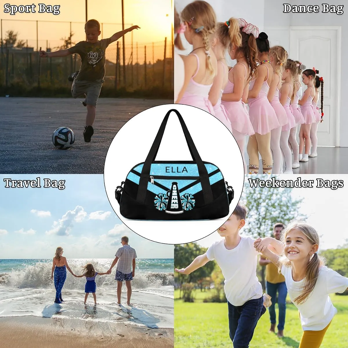 Custom Your Name Glitter Horn Pompom Personalized Text Gym Duffle Bag for Kids,Sports Bag for Teens Boys & Girls Small Waterproof Overnight Weekender Carry School Practice Travel Bag