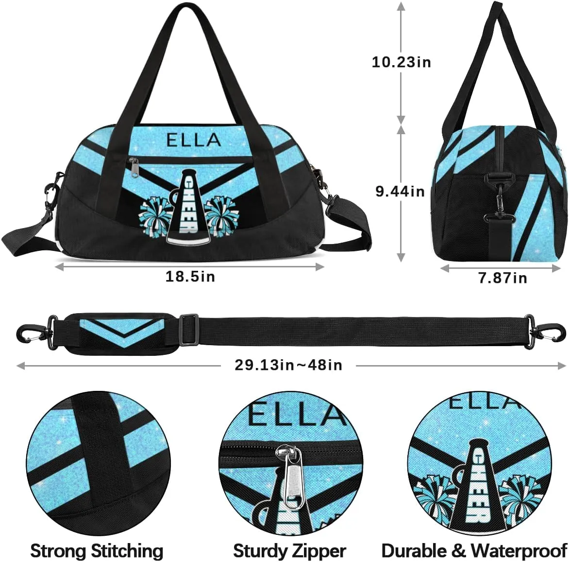 Custom Your Name Glitter Horn Pompom Personalized Text Gym Duffle Bag for Kids,Sports Bag for Teens Boys & Girls Small Waterproof Overnight Weekender Carry School Practice Travel Bag