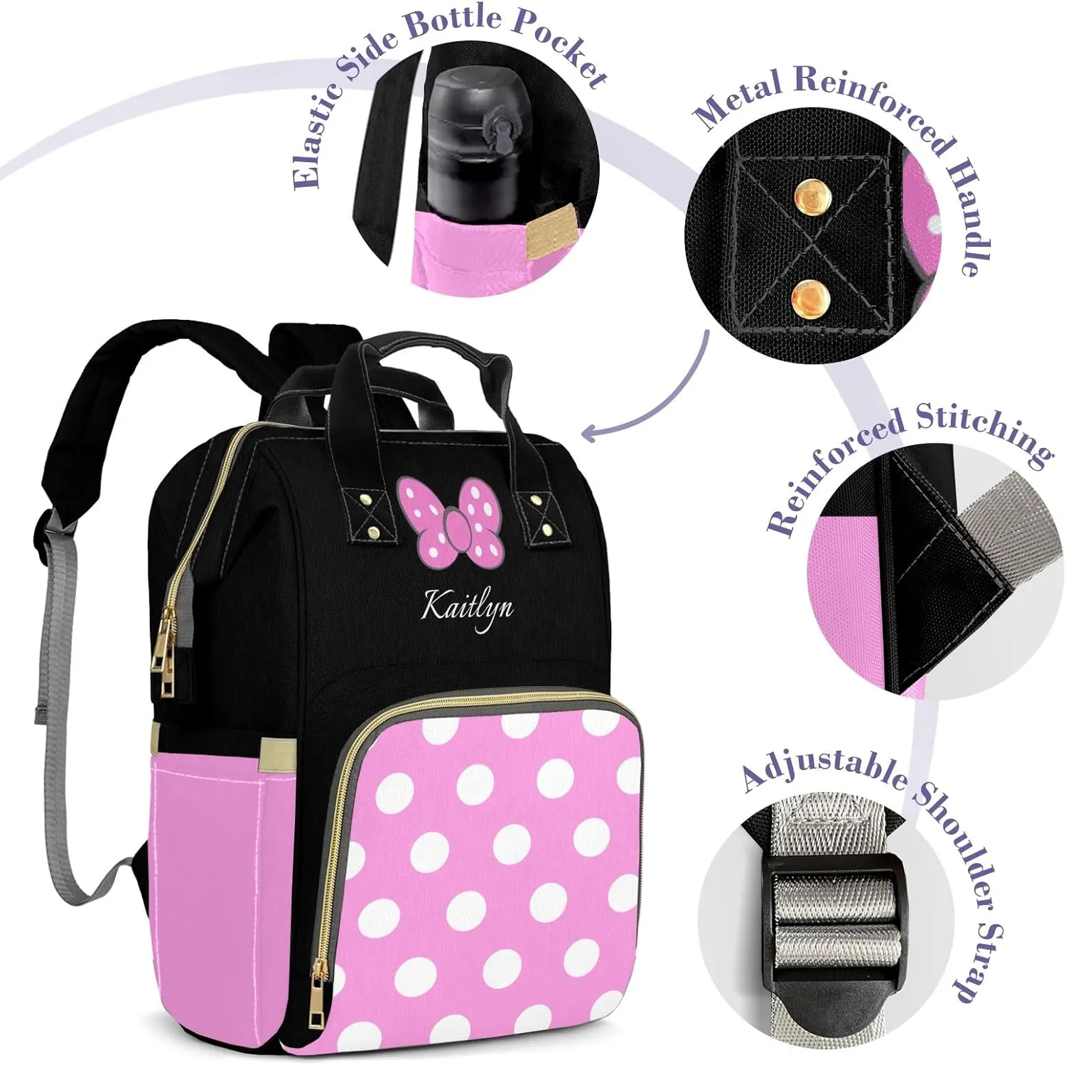 Customizable Large Capacity Diaper Bag Personalized Name, Waterproof Multi-Function Mommy Bag with Thermal Pockets for Girls and Boys