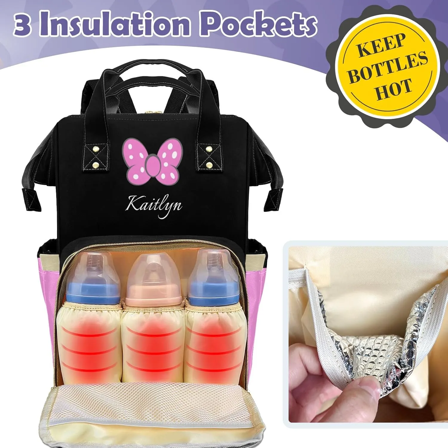 Customizable Large Capacity Diaper Bag Personalized Name, Waterproof Multi-Function Mommy Bag with Thermal Pockets for Girls and Boys