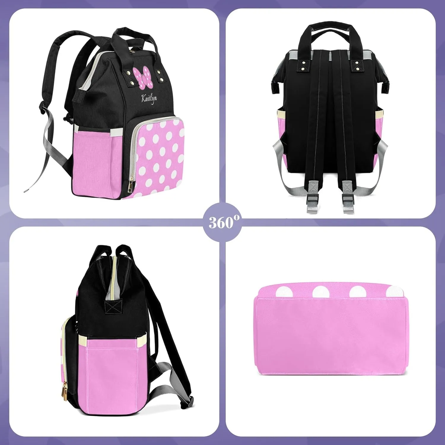 Customizable Large Capacity Diaper Bag Personalized Name, Waterproof Multi-Function Mommy Bag with Thermal Pockets for Girls and Boys