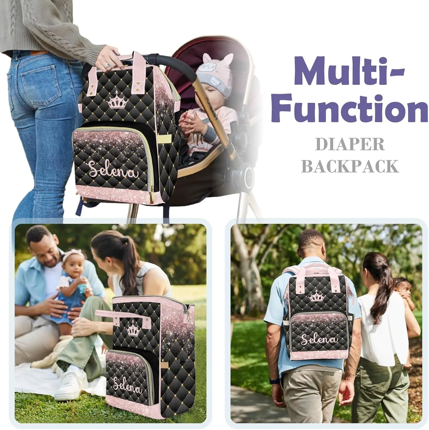 Customizable Large Capacity Diaper Bag Personalized Name, Waterproof Multi-Function Mommy Bag with Thermal Pockets for Girls and Boys