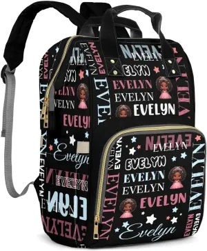 Customizable Large Capacity Diaper Bag Personalized Name, Waterproof Multi-Function Mommy Bag with Thermal Pockets for Girls，Black Princess