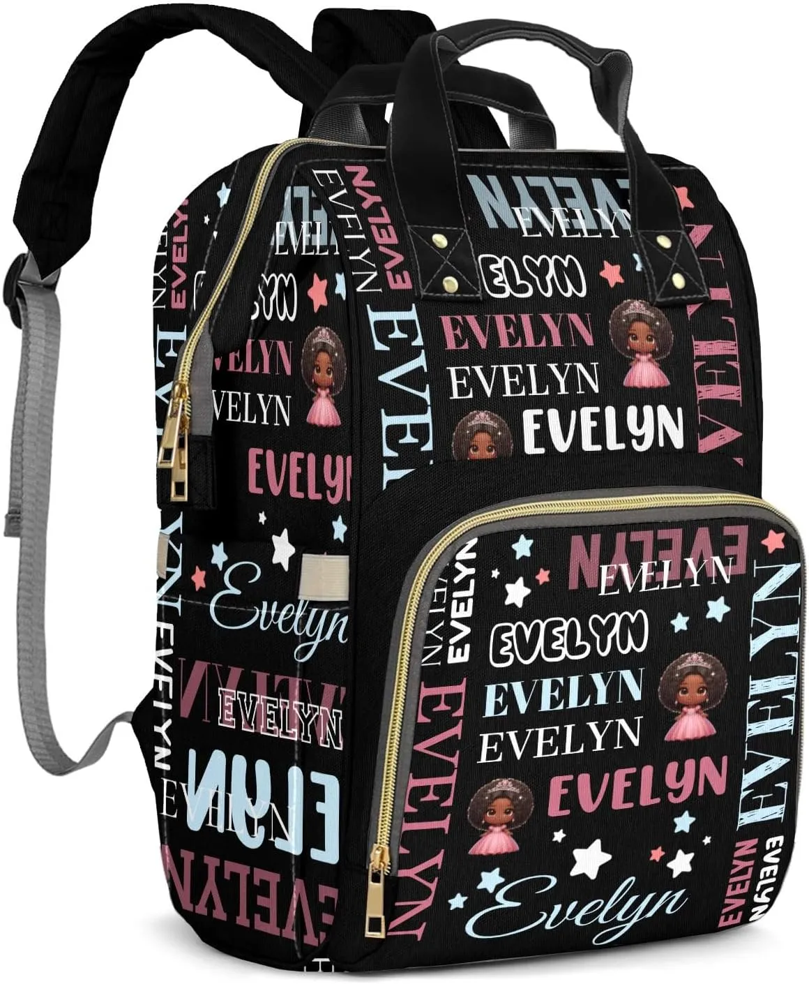 Customizable Large Capacity Diaper Bag Personalized Name, Waterproof Multi-Function Mommy Bag with Thermal Pockets for Girls，Black Princess