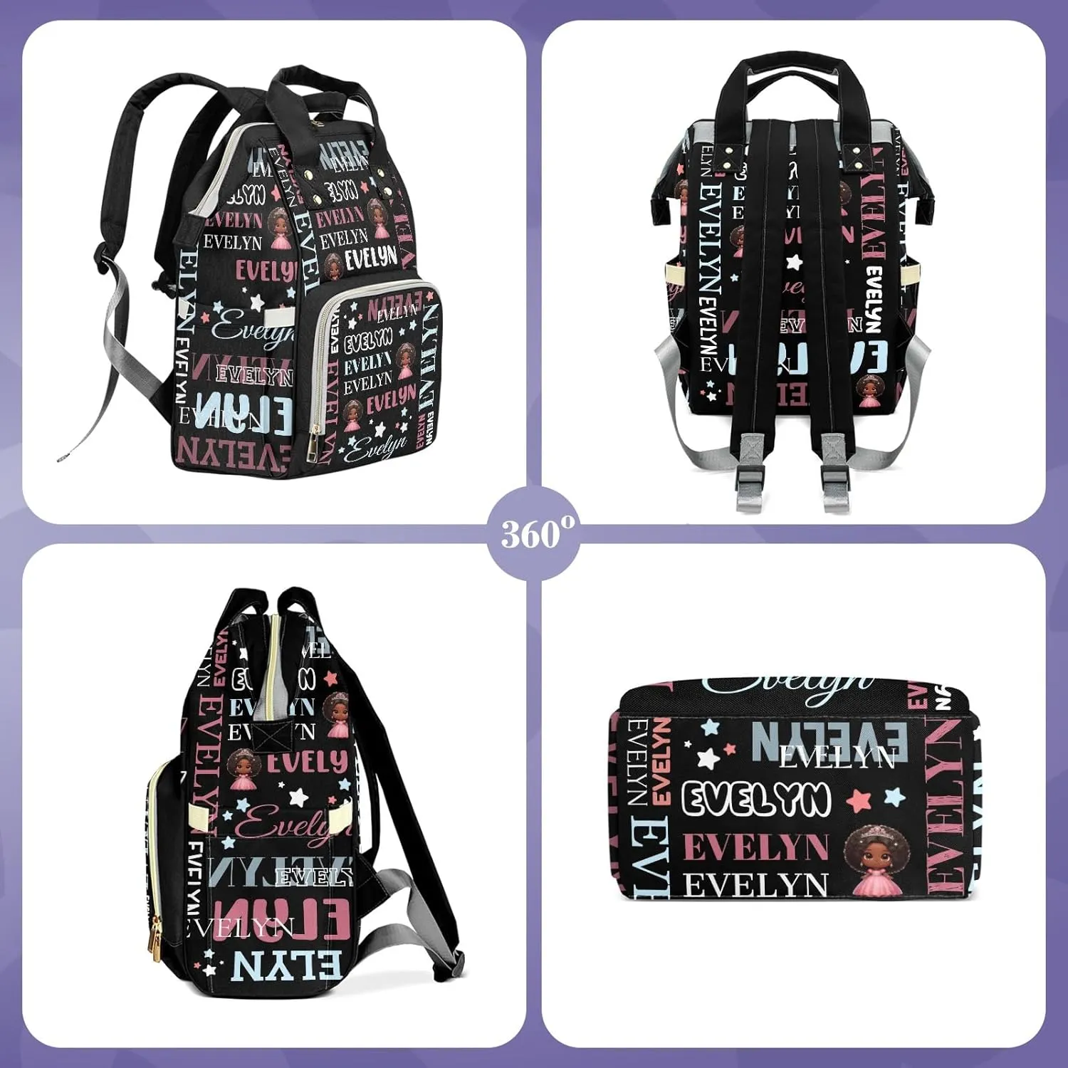 Customizable Large Capacity Diaper Bag Personalized Name, Waterproof Multi-Function Mommy Bag with Thermal Pockets for Girls，Black Princess