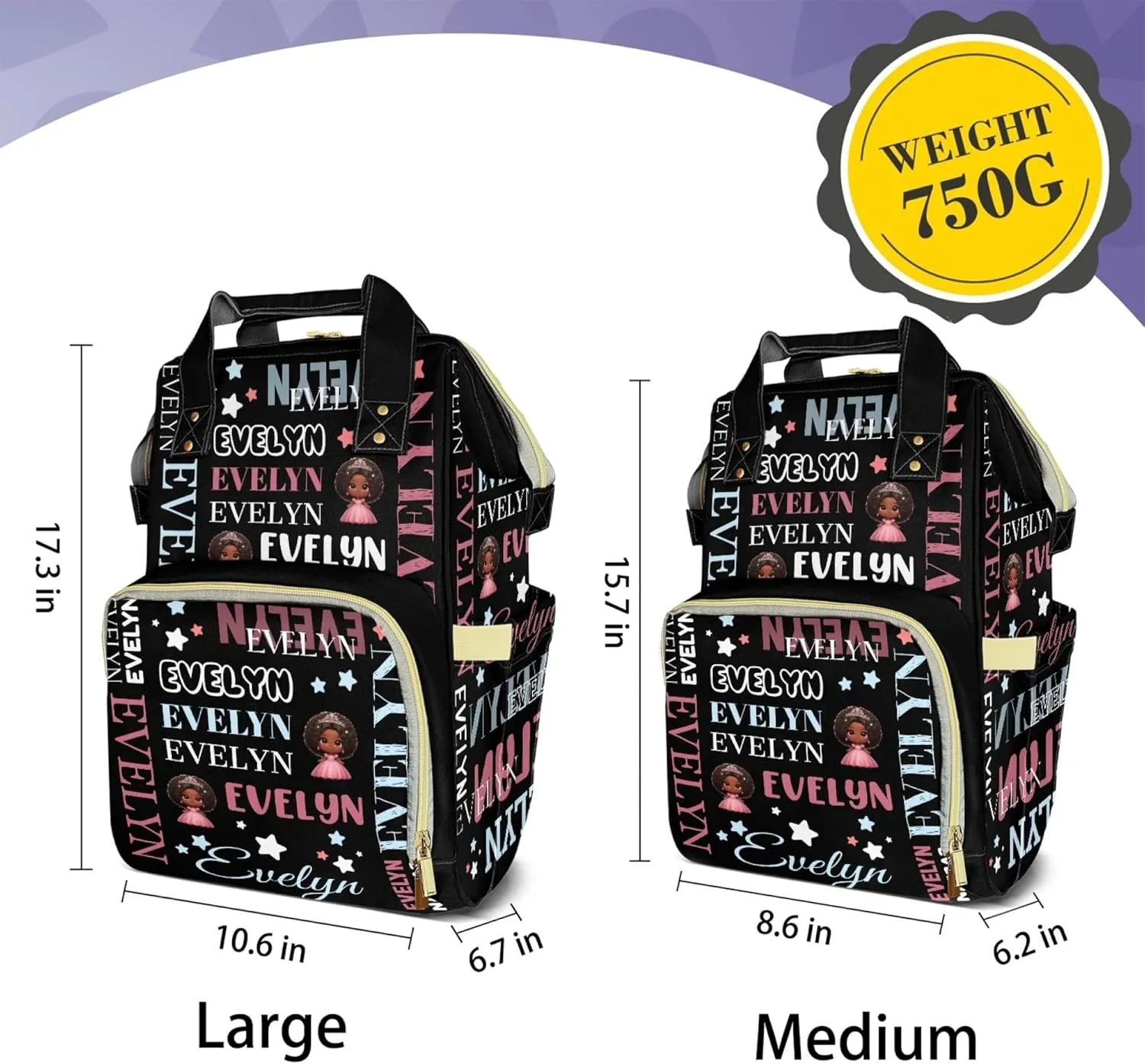 Customizable Large Capacity Diaper Bag Personalized Name, Waterproof Multi-Function Mommy Bag with Thermal Pockets for Girls，Black Princess