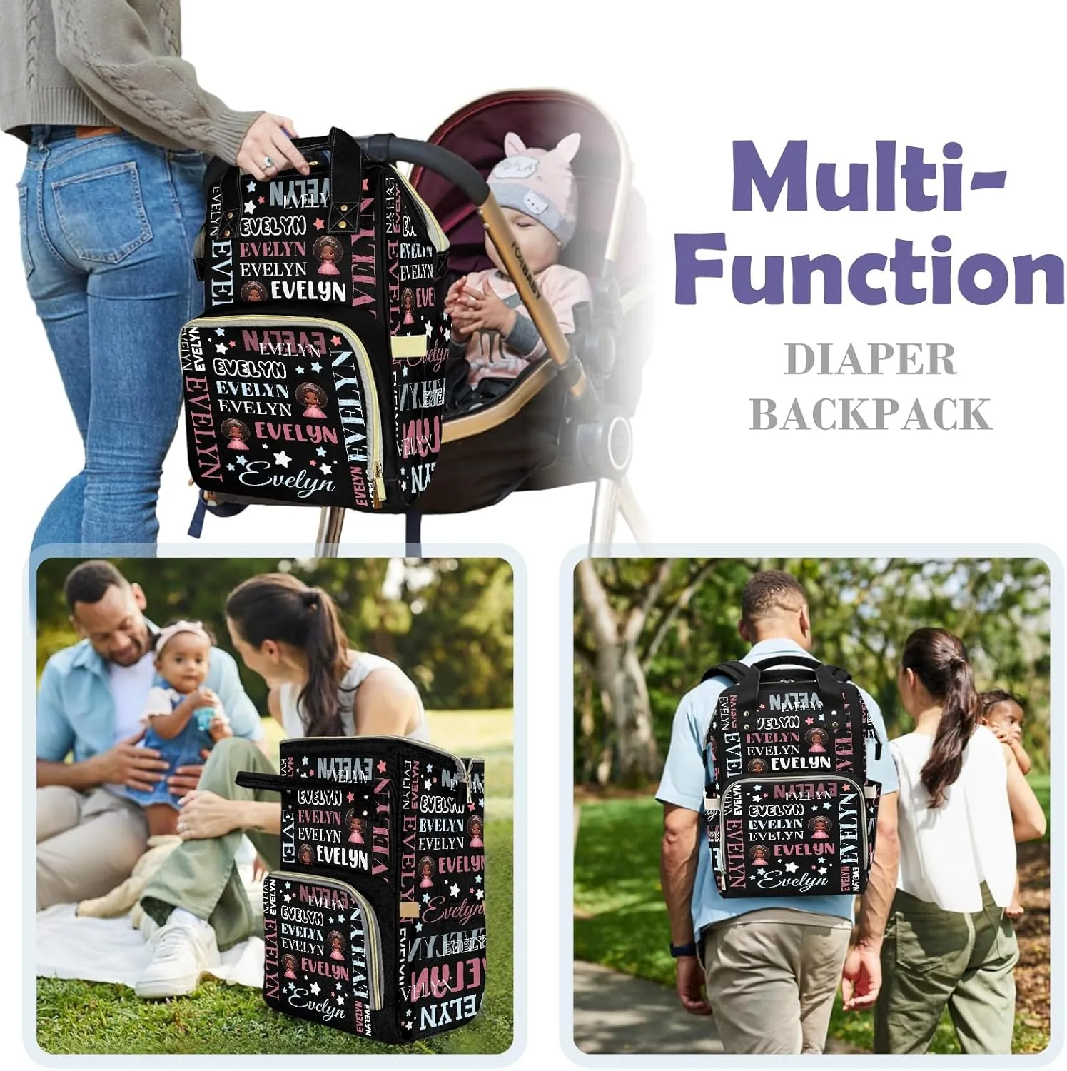 Customizable Large Capacity Diaper Bag Personalized Name, Waterproof Multi-Function Mommy Bag with Thermal Pockets for Girls，Black Princess