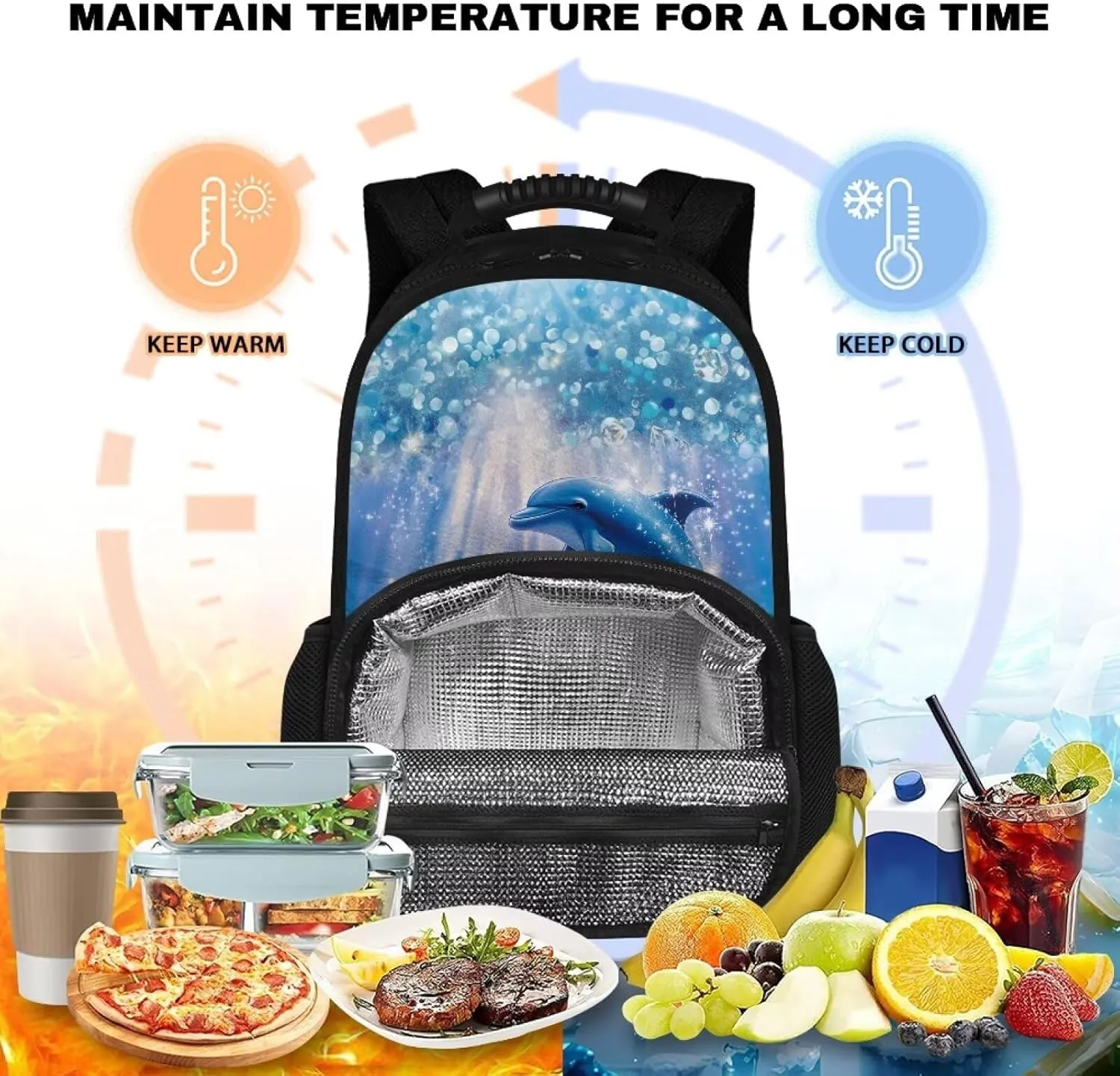 Customized Name Kids Backpack with Insulated Lunch Box, 17.3 Inch 2-in-1 School Bag, Durable Polyester, Front Lunch Compartment, Side Pockets, Suitable for Travel & Outdoor, Dolphin Print