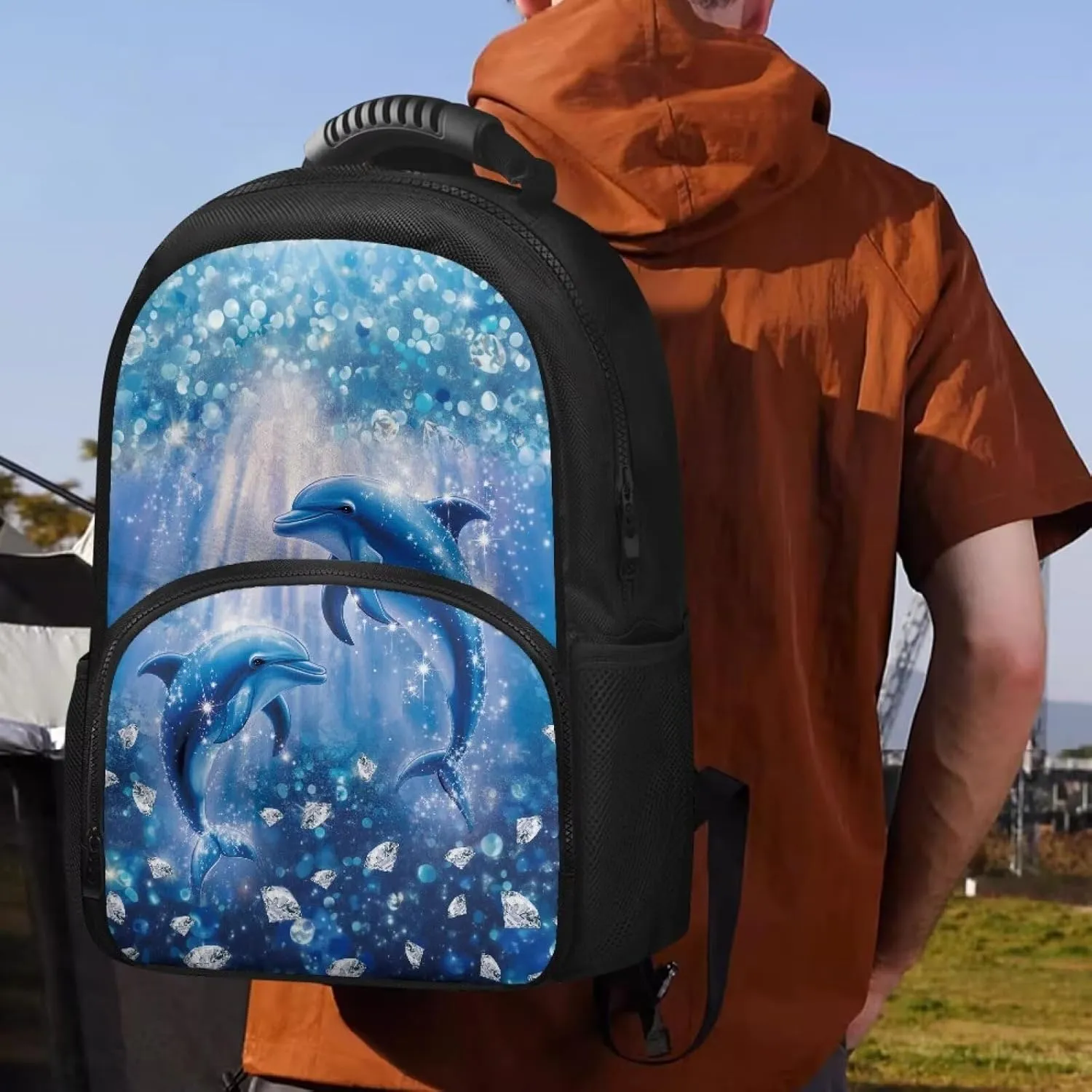 Customized Name Kids Backpack with Insulated Lunch Box, 17.3 Inch 2-in-1 School Bag, Durable Polyester, Front Lunch Compartment, Side Pockets, Suitable for Travel & Outdoor, Dolphin Print