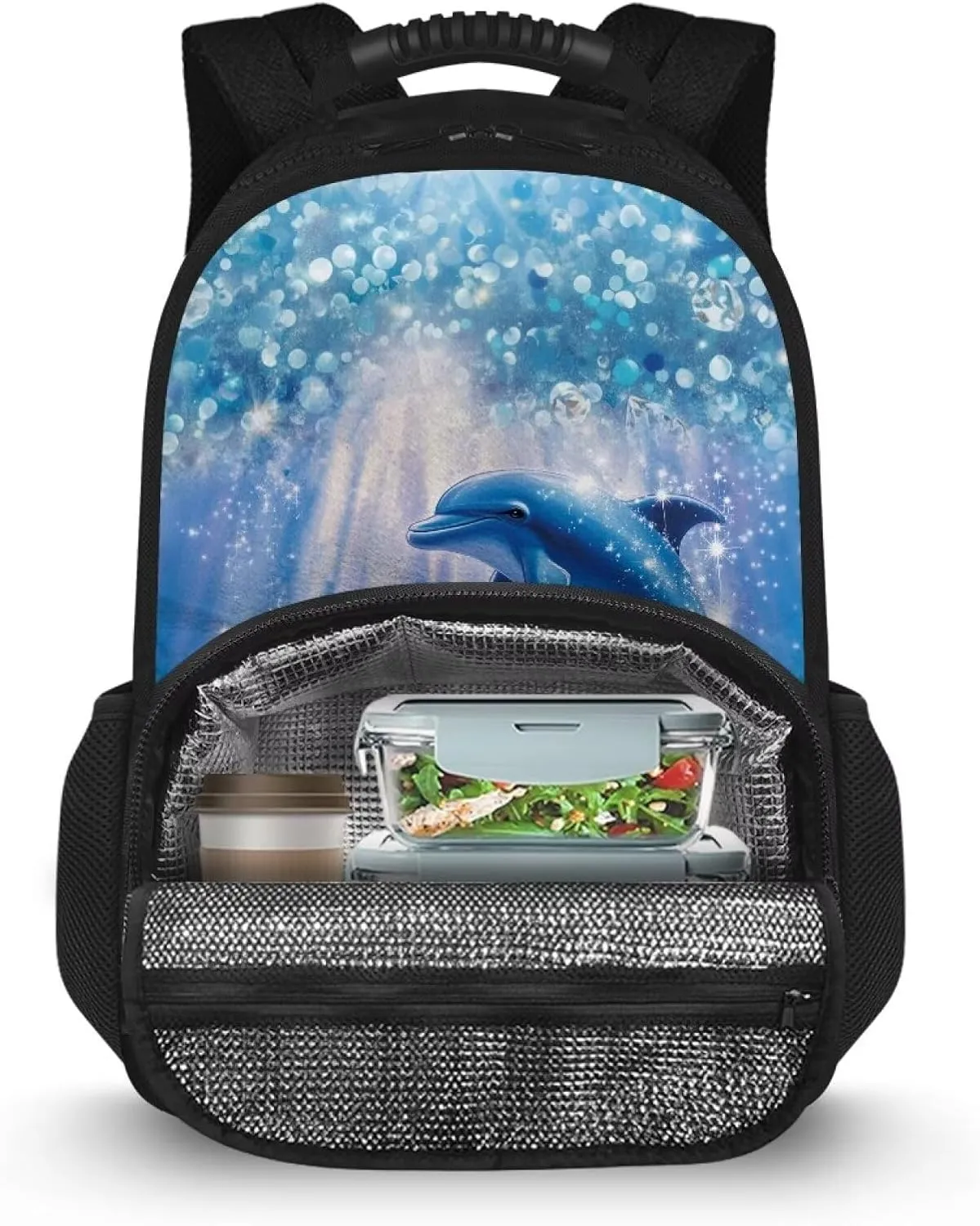 Customized Name Kids Backpack with Insulated Lunch Box, 17.3 Inch 2-in-1 School Bag, Durable Polyester, Front Lunch Compartment, Side Pockets, Suitable for Travel & Outdoor, Dolphin Print