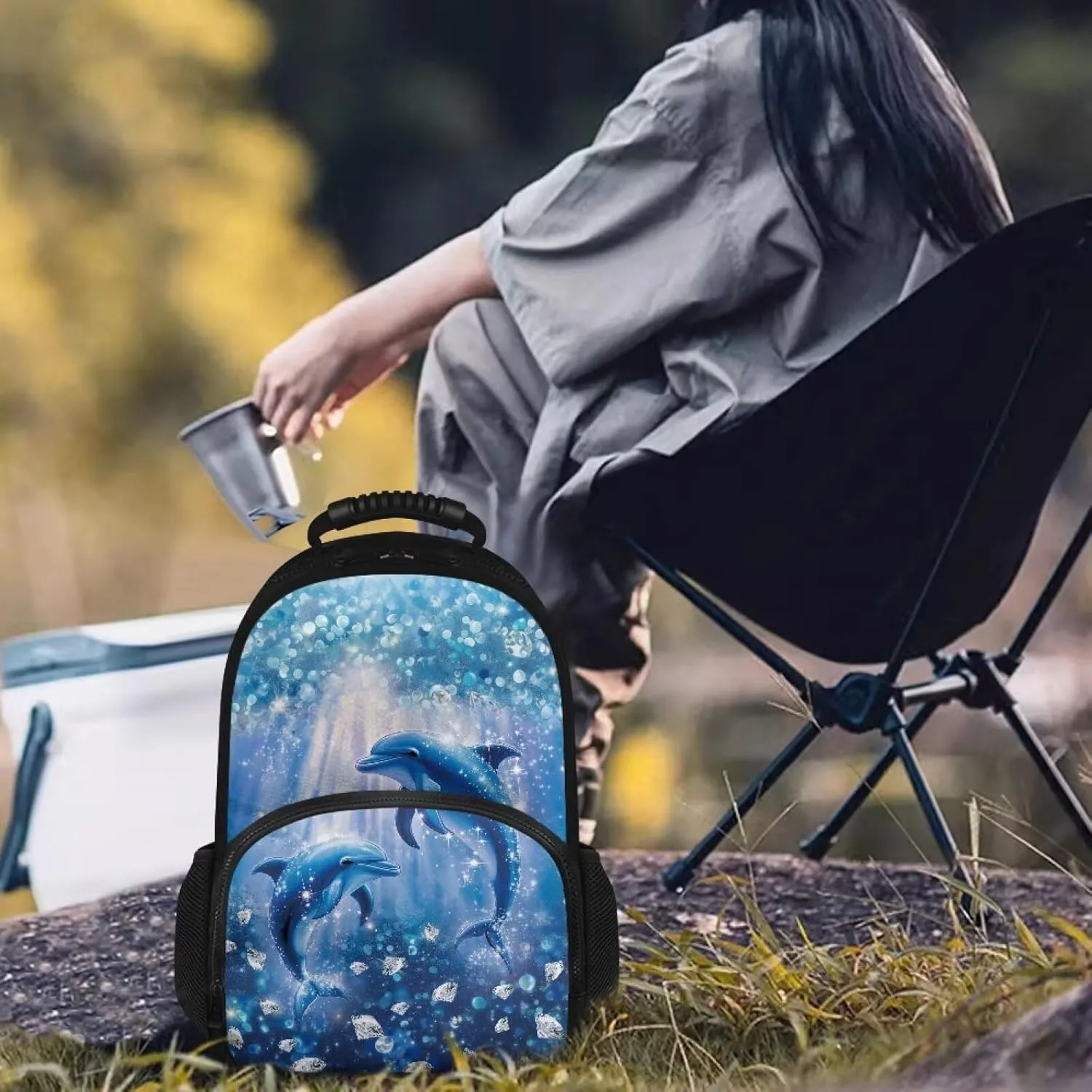 Customized Name Kids Backpack with Insulated Lunch Box, 17.3 Inch 2-in-1 School Bag, Durable Polyester, Front Lunch Compartment, Side Pockets, Suitable for Travel & Outdoor, Dolphin Print