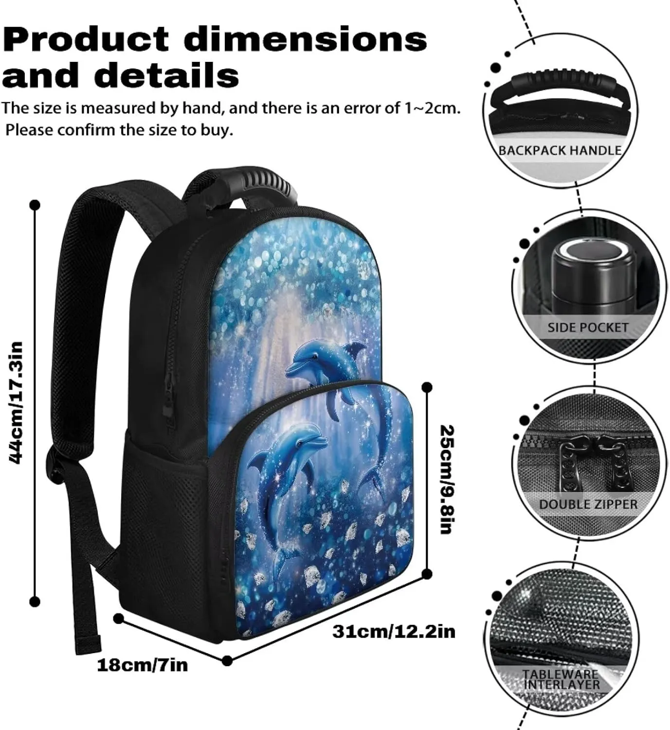 Customized Name Kids Backpack with Insulated Lunch Box, 17.3 Inch 2-in-1 School Bag, Durable Polyester, Front Lunch Compartment, Side Pockets, Suitable for Travel & Outdoor, Dolphin Print