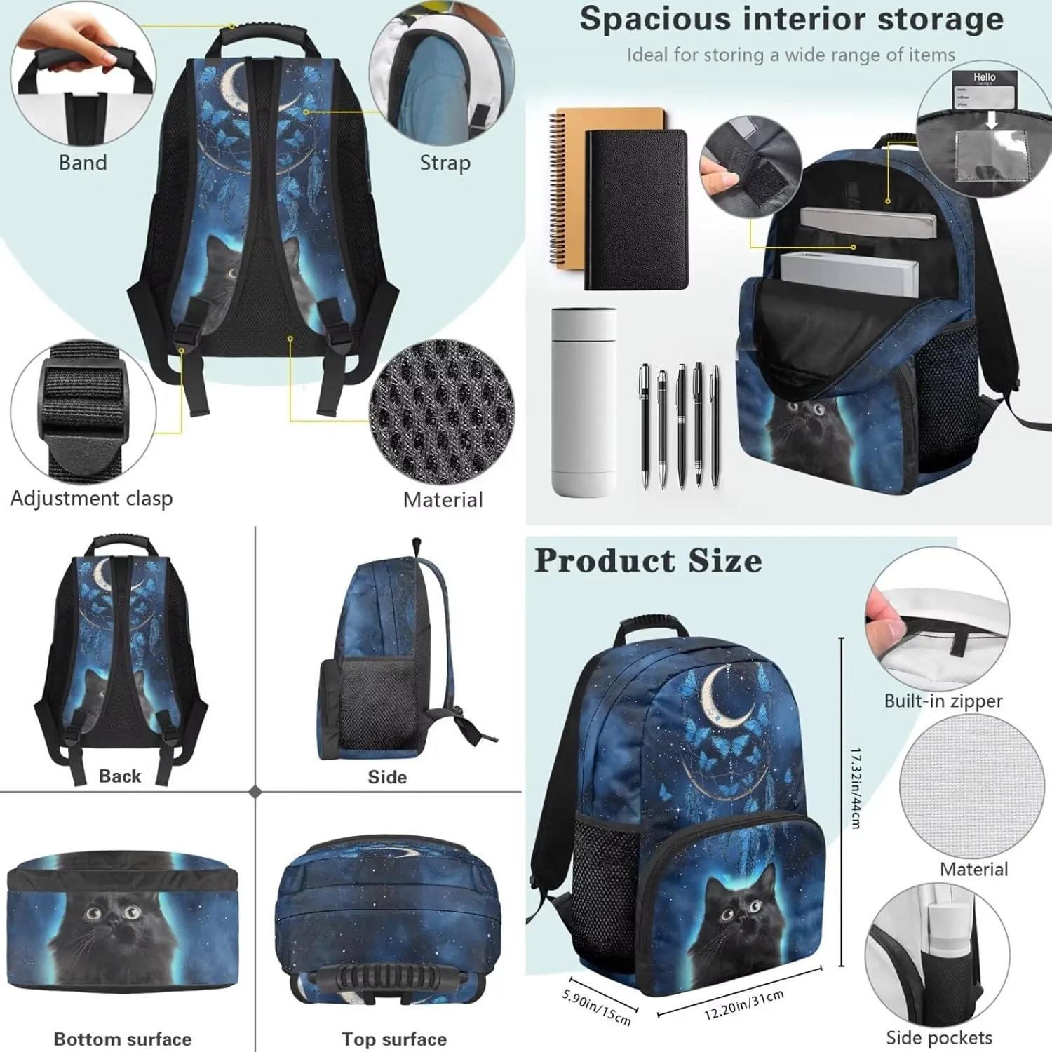 Cute 3D Black Cat Backpack Set Dreamcatcher Moon Schoolbag Bookbag with Insulated Lunchbag Shoulder Bag and Pencil Case Travel Daypack