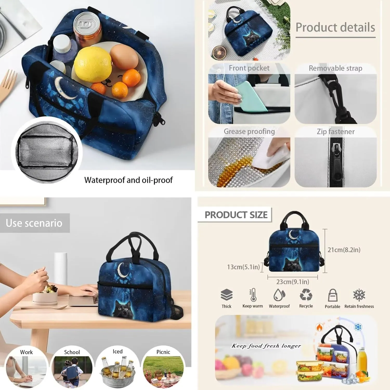 Cute 3D Black Cat Backpack Set Dreamcatcher Moon Schoolbag Bookbag with Insulated Lunchbag Shoulder Bag and Pencil Case Travel Daypack