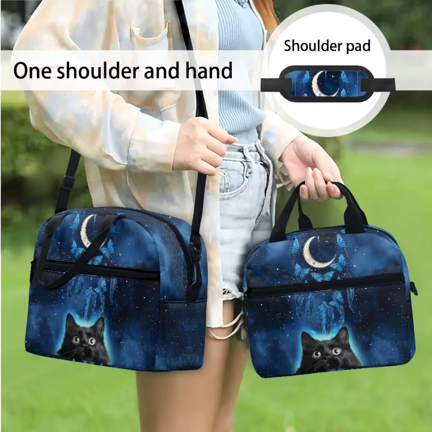 Cute 3D Black Cat Backpack Set Dreamcatcher Moon Schoolbag Bookbag with Insulated Lunchbag Shoulder Bag and Pencil Case Travel Daypack
