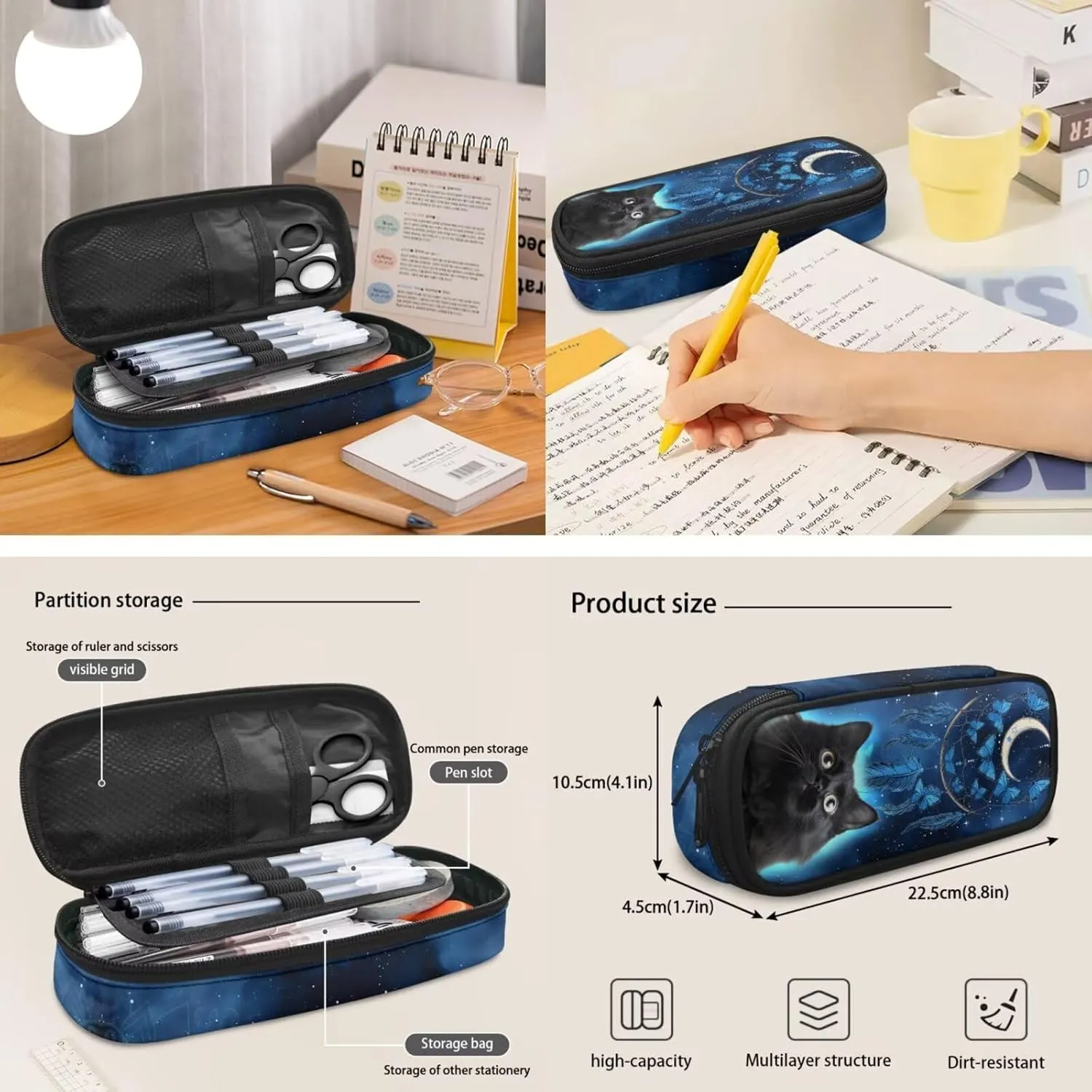Cute 3D Black Cat Backpack Set Dreamcatcher Moon Schoolbag Bookbag with Insulated Lunchbag Shoulder Bag and Pencil Case Travel Daypack